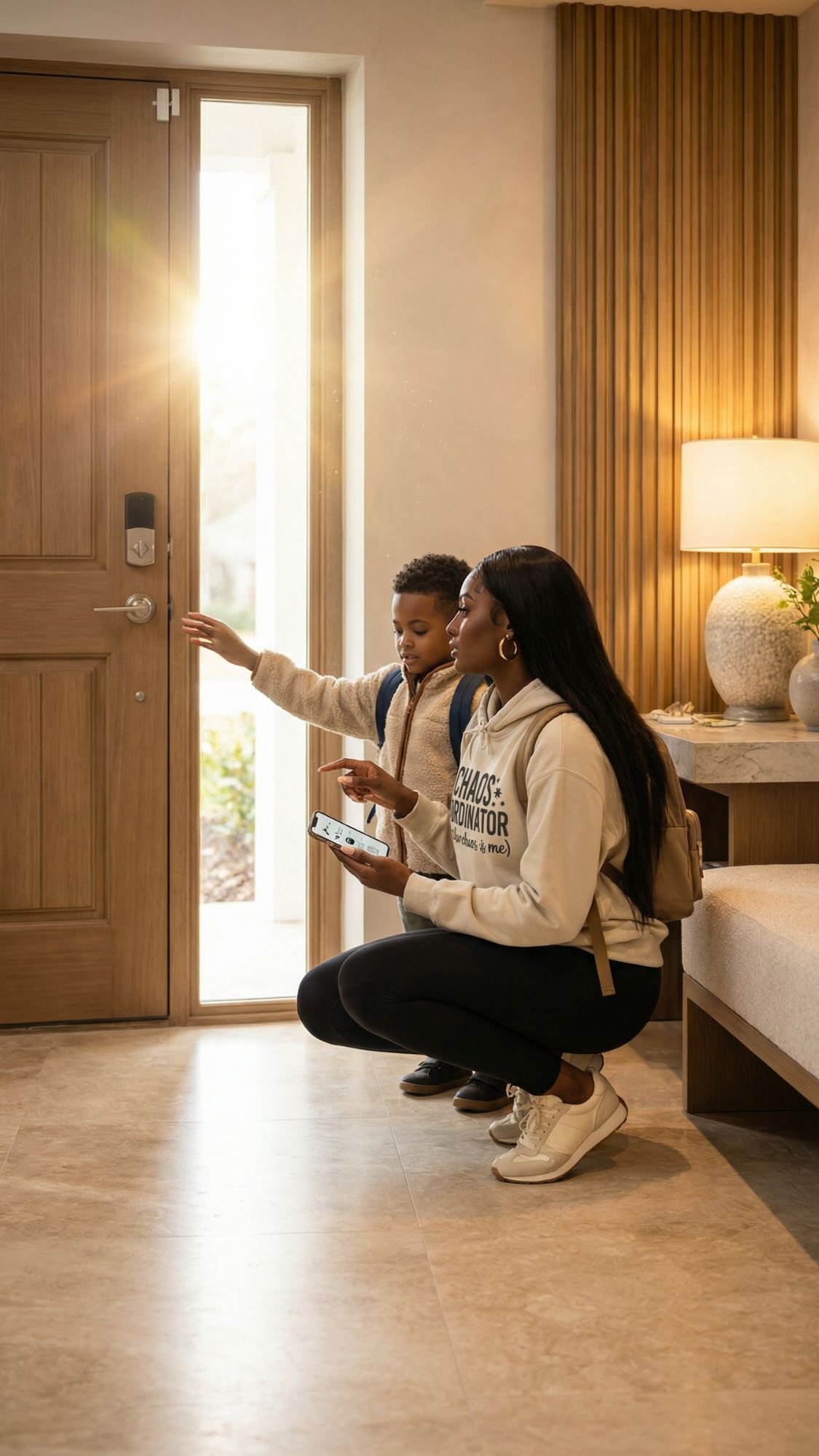 A woman kneels beside a young boy near a front door, guiding him through their morning routine for ADHD. She holds a smartphone as he reaches for the handle, sunlight streaming in. The room features neutral tones, a lamp, and decorative vases on a console table.