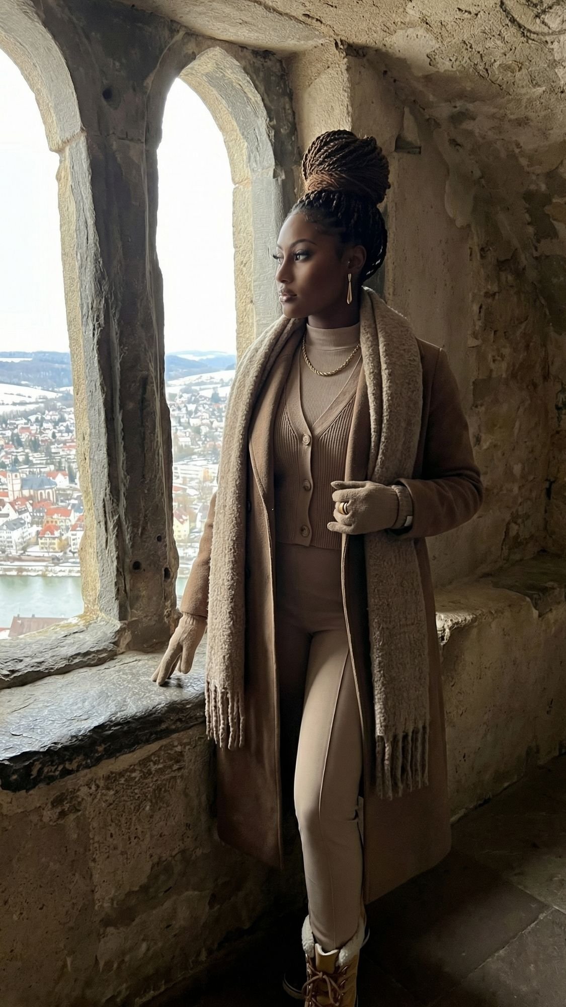 A woman in a tan coat, scarf, and gloves stands by a stone window, gazing at a snowy Switzerland cityscape behind her—her braided hair in an updo, evoking the charm of fairytale villages in winter.