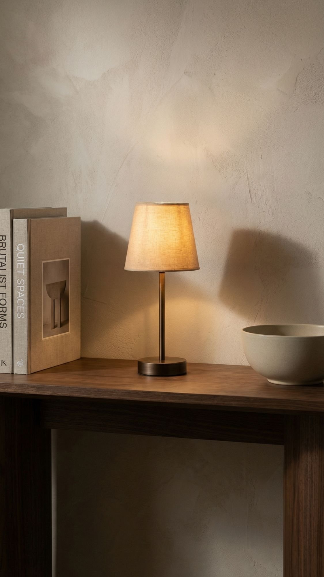 A small table lamp with a beige shade sits on a wooden console table beside a stack of books and a light bowl, offering quiet luxury and inspiration for home decor ideas against a textured, neutral wall.