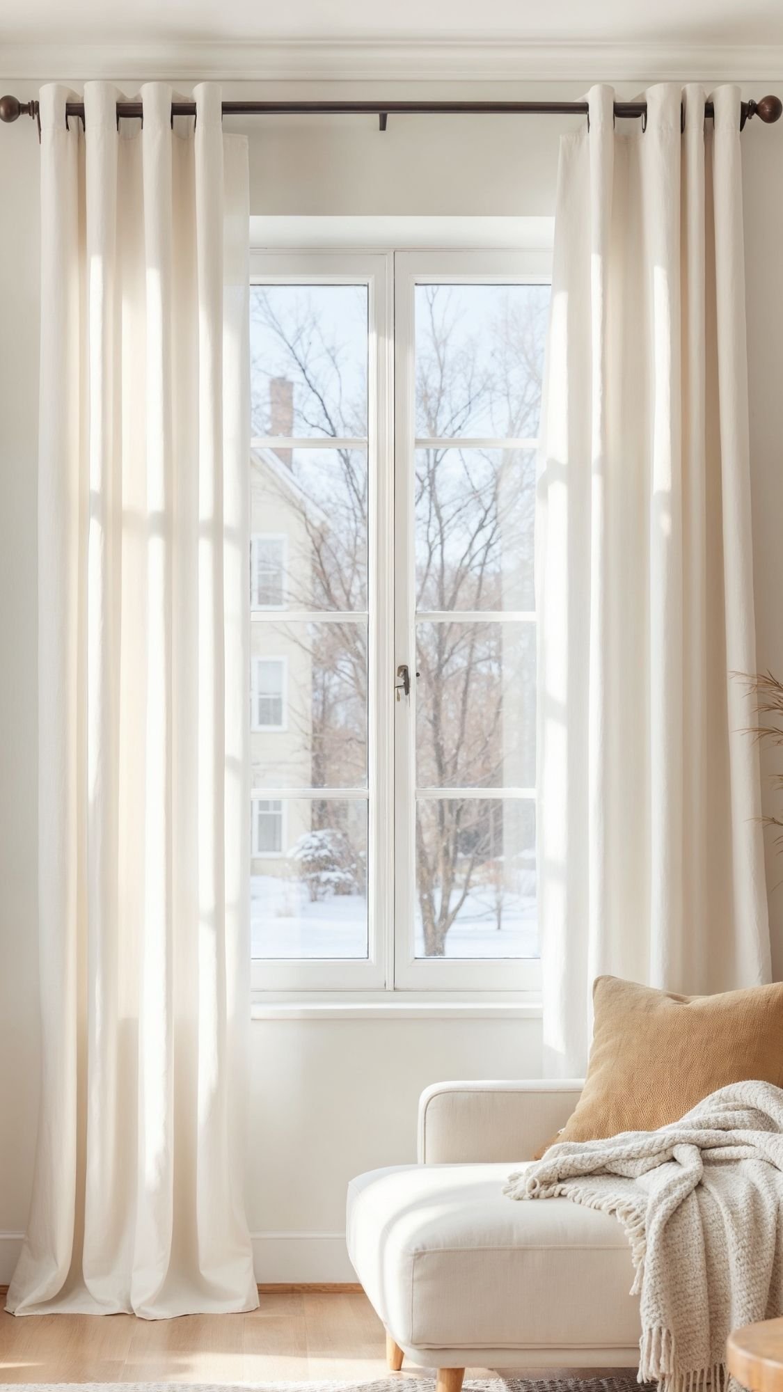 A bright winter home with sheer white curtains framing a window, revealing snowy trees outside. An off-white armchair with a beige pillow and cozy blanket adds soft neutrals to the cozy corner—perfect for fresh home decor ideas.