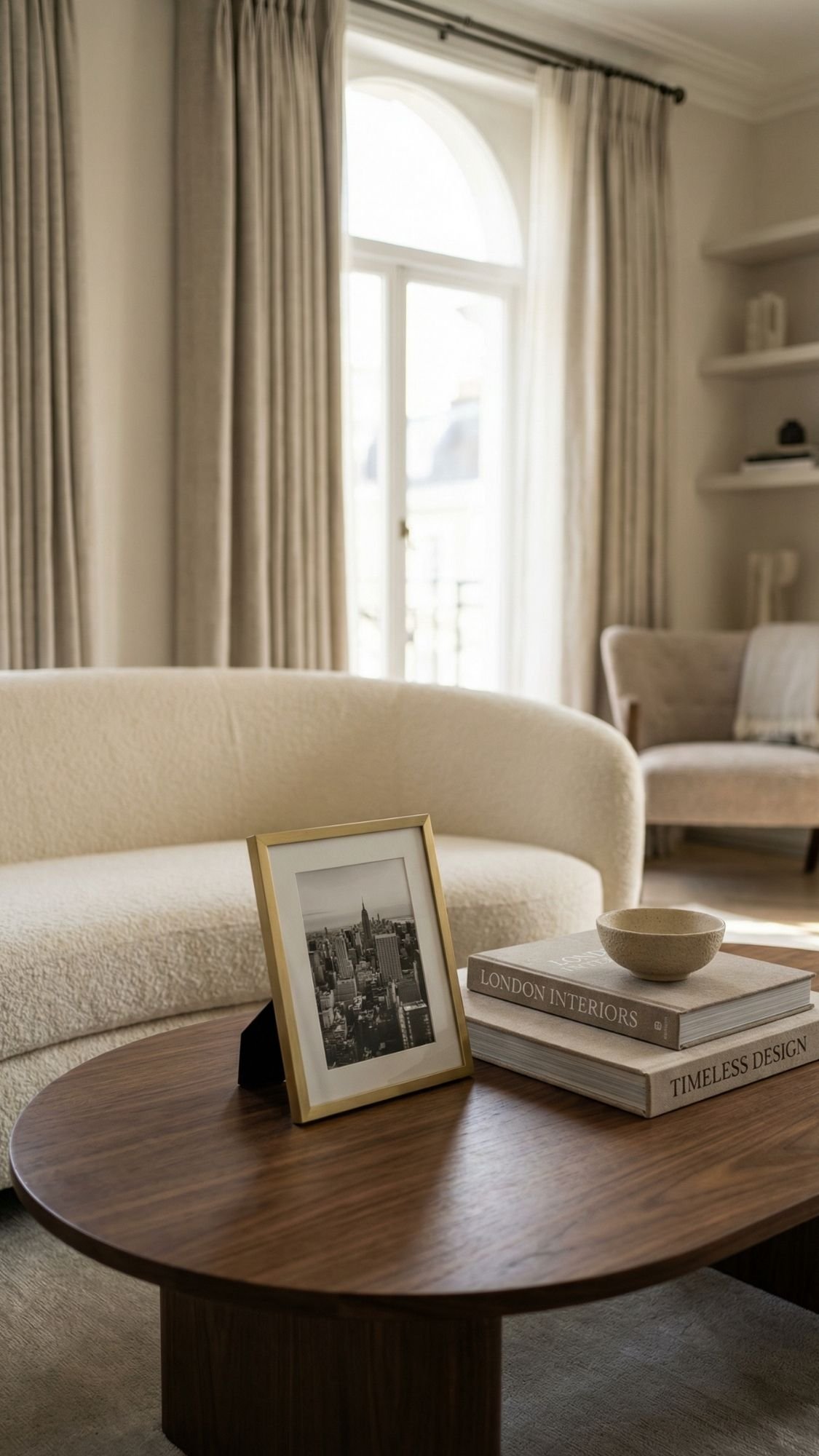 A cozy living room with a curved cream sofa and a wooden coffee table showcasing effortless styling—featuring a framed black-and-white photo, a bowl, and two books. Find inspiration for your own home decor ideas in the inviting shelves and curtained windows beyond.