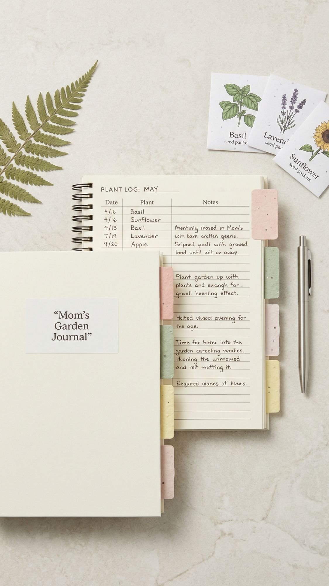 A garden journal with pastel tabs is open to a May plant log, listing basil, sunflower, lavender, and apple with notes. Perfect for garden loving moms seeking fresh and lovely gifts or DIY presents. A pen, seed packets, and a fern leaf are nearby.
