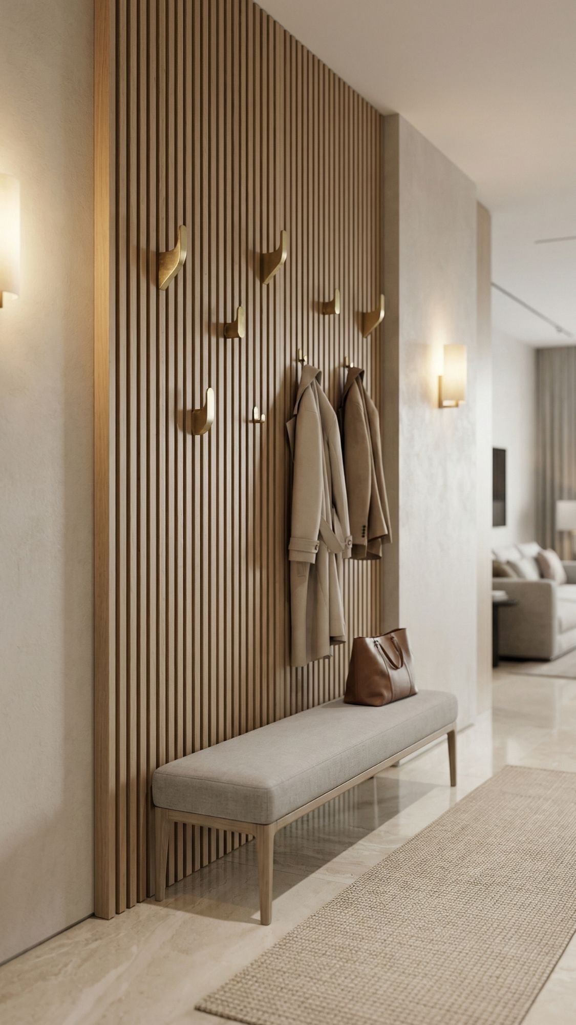 A modern entryway with a wooden slat accent wall and golden coat hooks holding beige coats. A padded bench with a brown bag sits below, while soft lighting enhances the welcoming entryway—perfect inspiration for your home decor ideas.