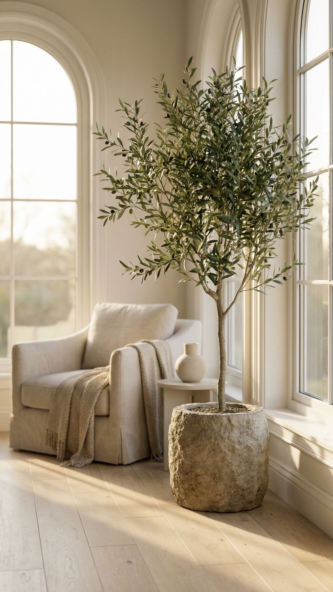 A cozy beige armchair with a blanket draped over the arm sits by large arched windows, perfect for easy living. A potted olive tree in a stone planter and a small table with a vase complete this bright, sunlit room.