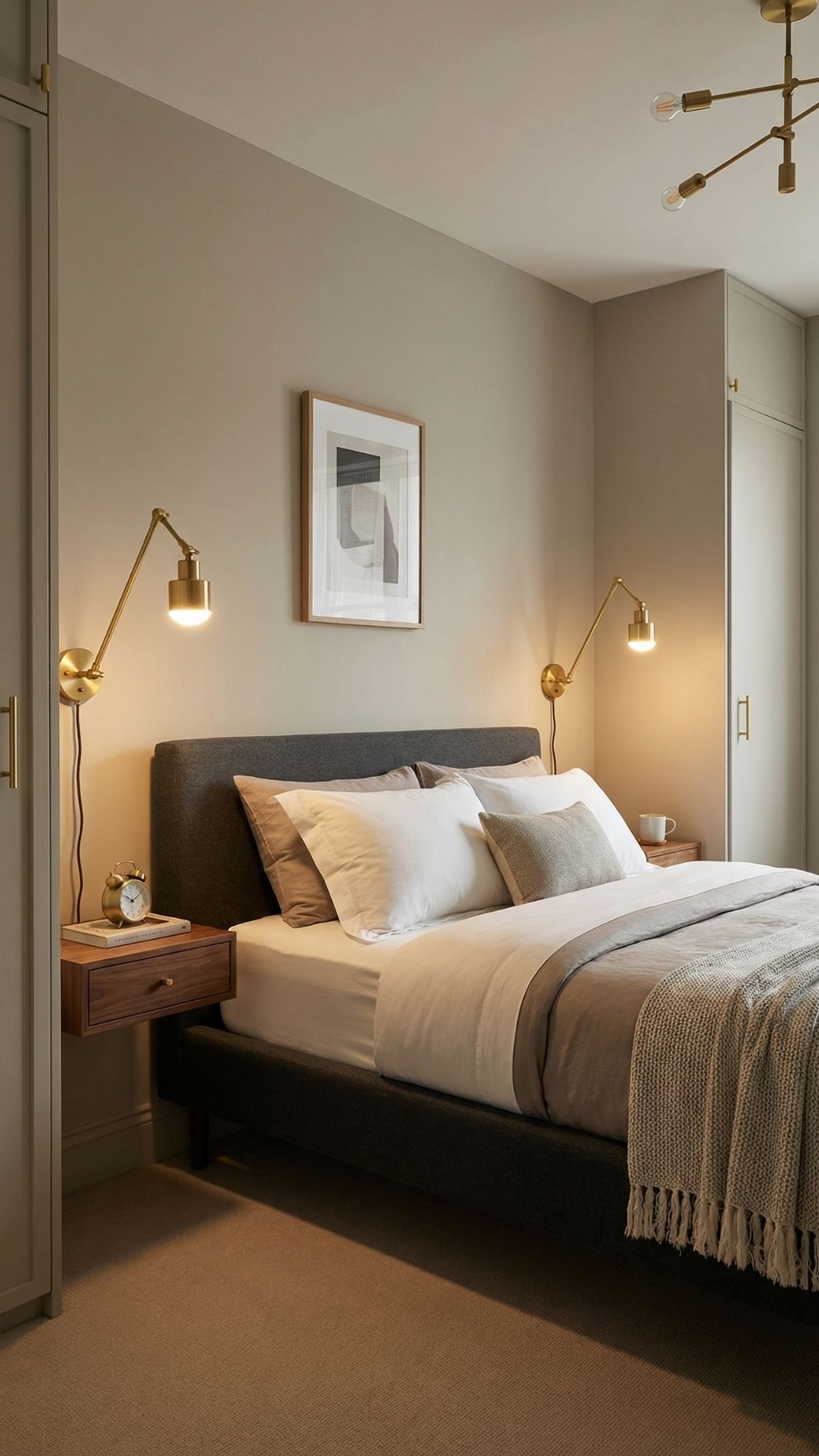 A modern, spacious bedroom with a neatly made bed, gray upholstered headboard, beige walls, floating wooden nightstands, and minimalist artwork—perfect home decor ideas for small apartments. A cozy blanket is draped at the foot of the bed.