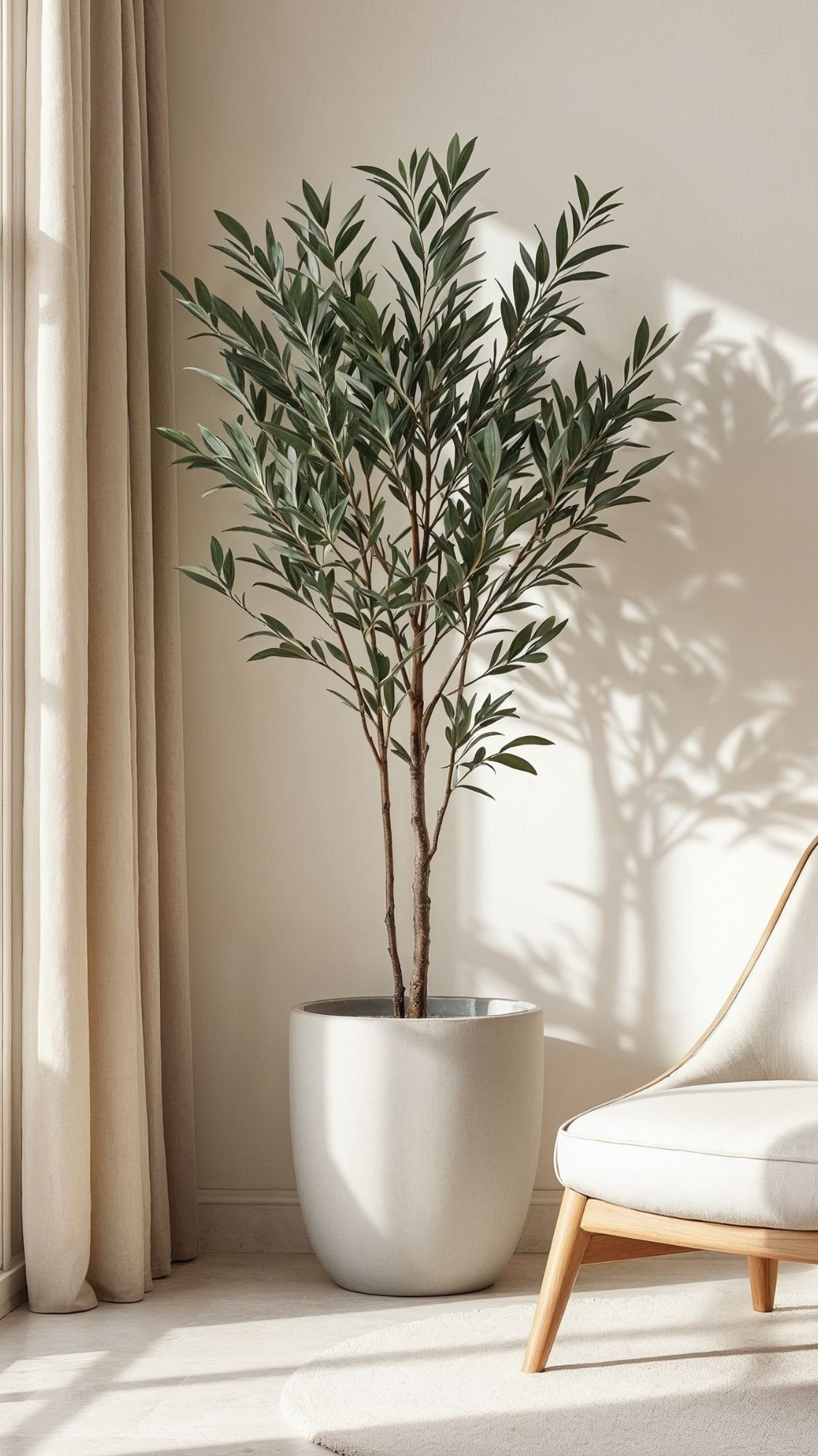 A tall potted plant with dark green leaves stands by a window with beige curtains, casting a shadow on a white wall. Nearby, a modern chair on a neutral rug completes this cozy minimal style for perfect home decor ideas.