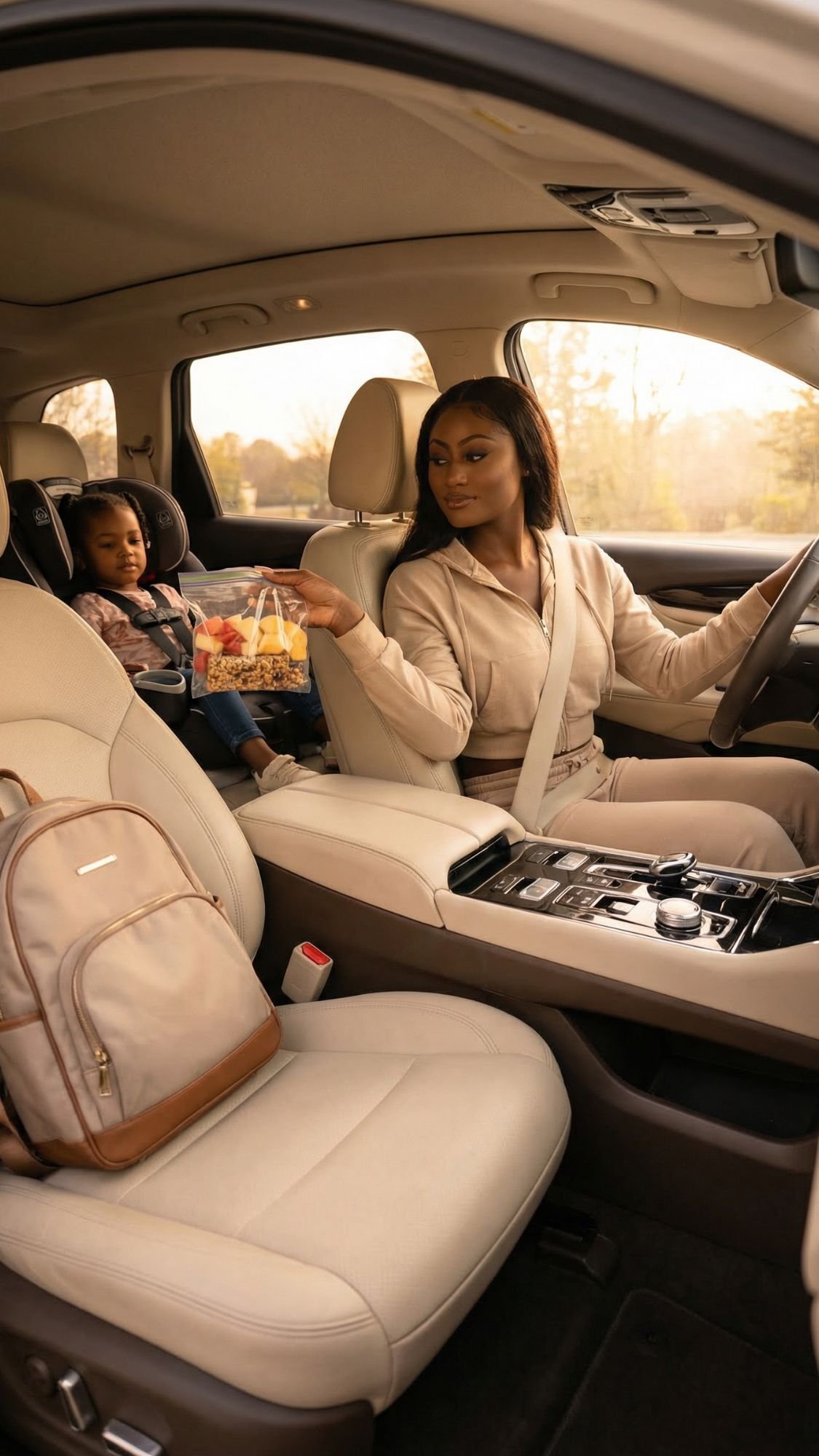 A woman driving a car reaches back to hand a snack to a young child in a car seat, showing how ADHD moms balance their busy morning routine. A tan backpack rests on the front seat. The scene is warm and well-lit.