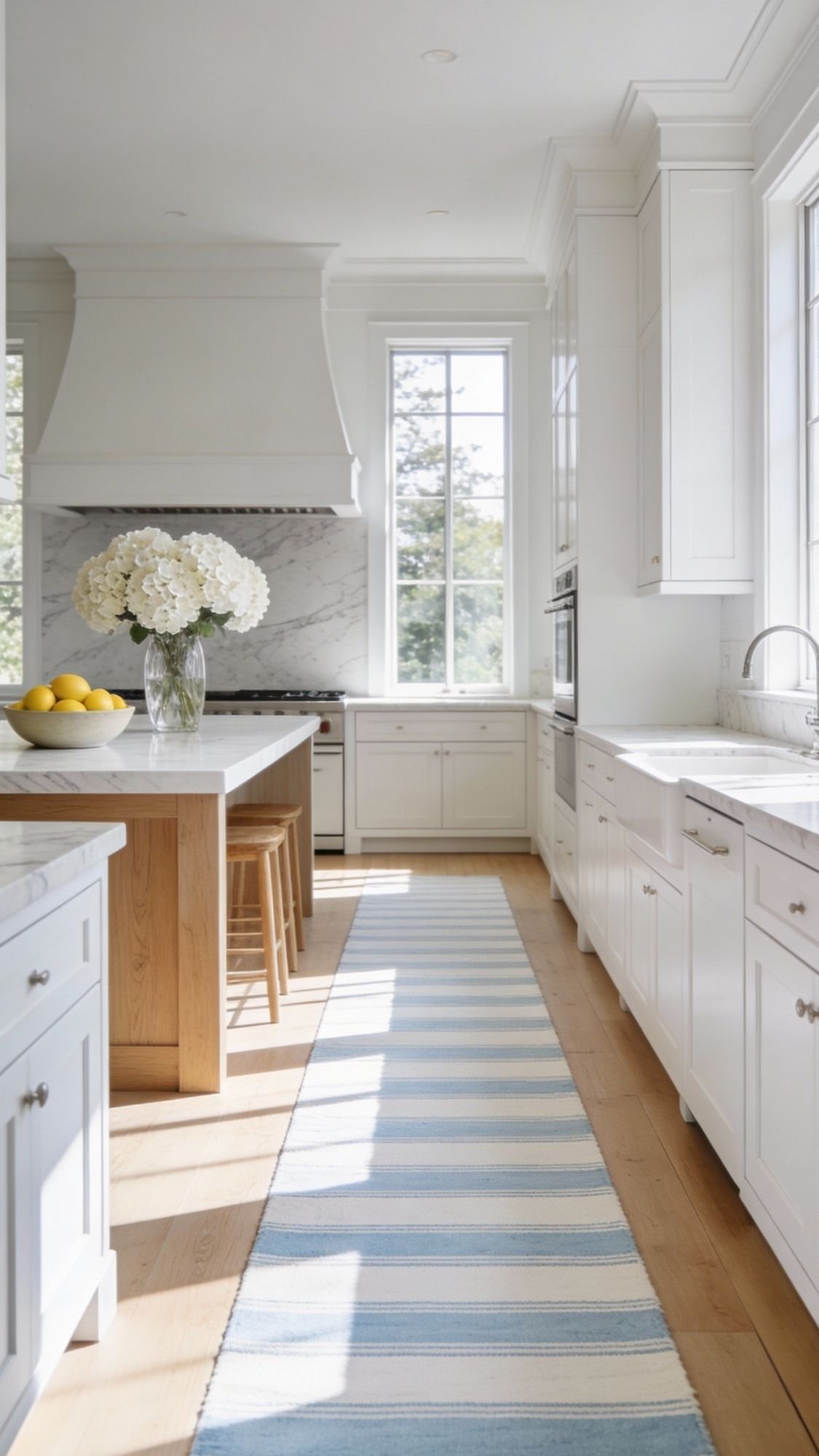 A bright, modern kitchen with white cabinets, marble countertops, and wood floors is perfect for spring. An island with wooden stools holds a vase of white flowers and a bowl of lemons—simple home decor ideas to refresh your space.
