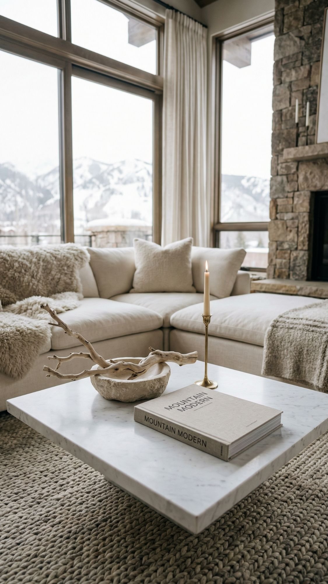 A cozy living room with a beige sectional sofa, textured throw blankets, and pillows. Effortless decor shines through coffee table styling, featuring a candle, decorative branch, and the book Mountain Modern. Large windows reveal snowy mountains outside.