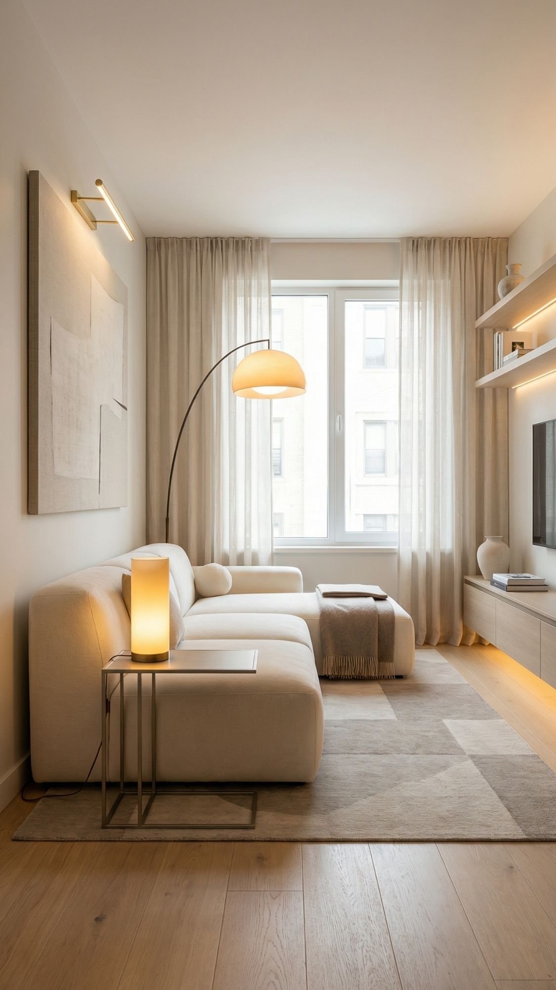 A modern, minimalist living room with beige furniture, a sectional sofa, and abstract wall art offers spacious vibes—perfect for small apartments seeking clever home decor ideas. Natural light streams through sheer curtains and a large window.