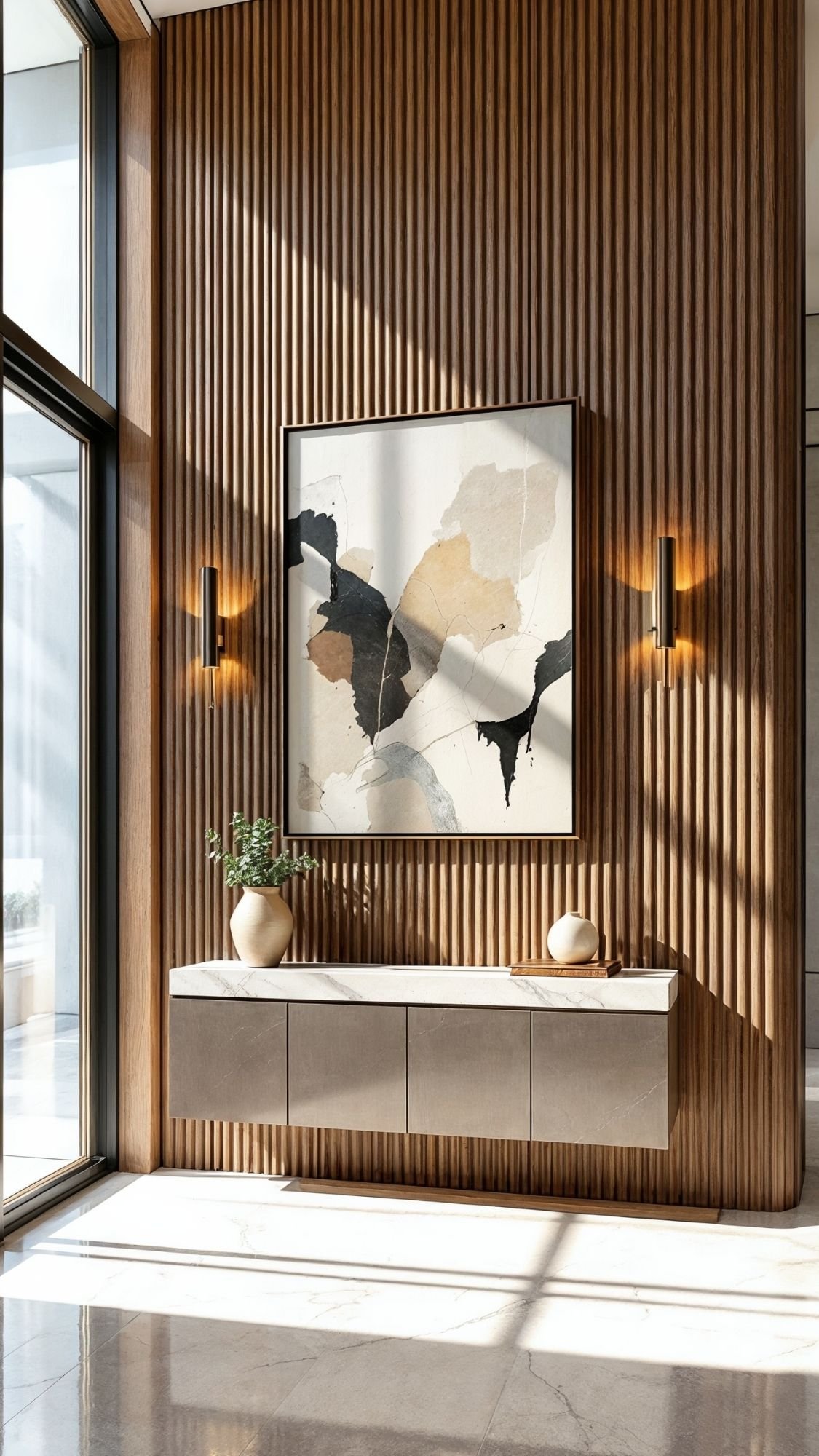 A modern entryway with vertical wooden paneling, a large abstract painting, wall sconces, a floating marble-topped console, and decorative vases; sunlight streams in from tall windows—a stylish take on welcoming entryways.
