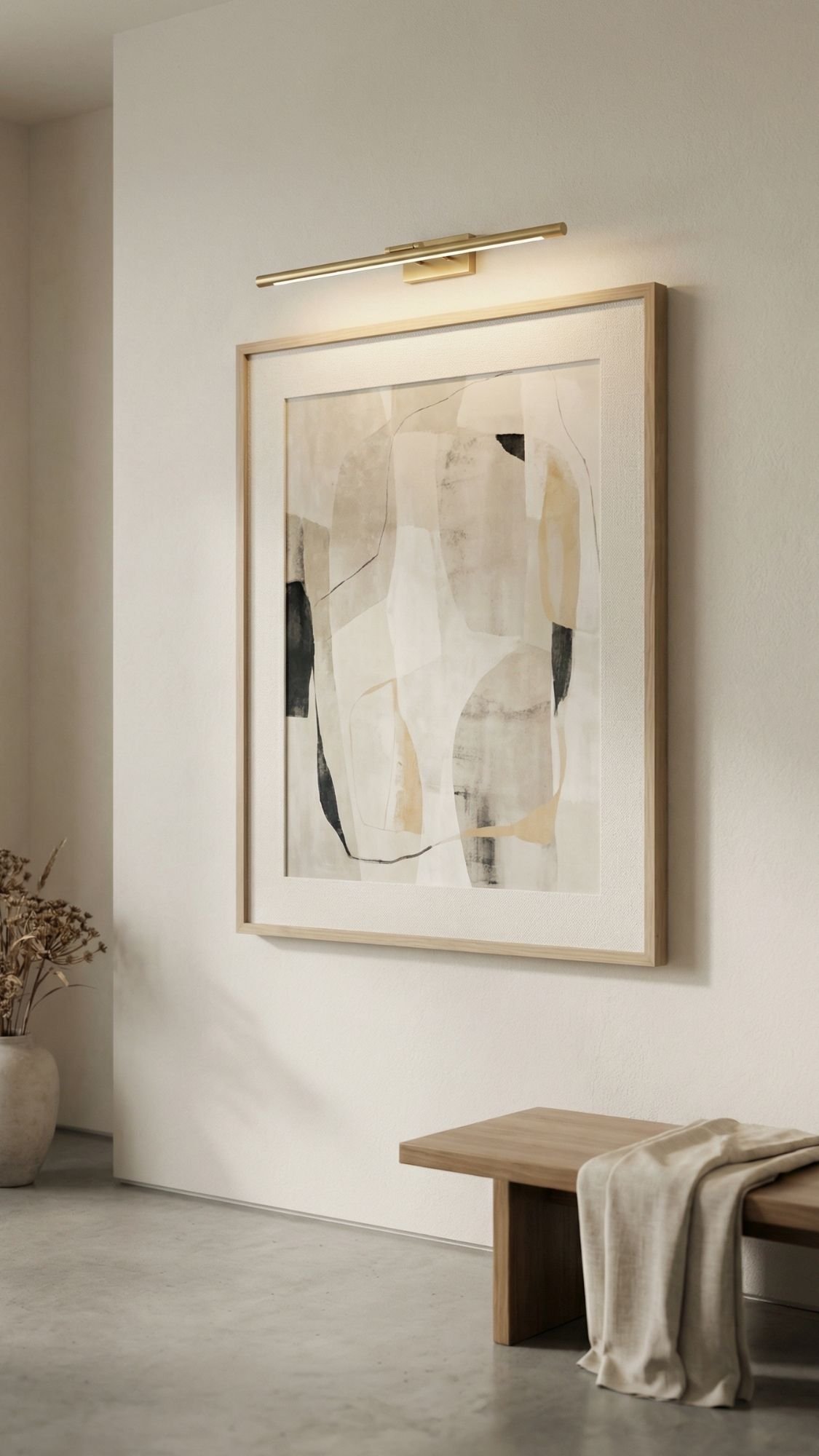 Minimalist interior embodies quiet luxury with a large abstract painting in neutral tones on a white wall, illuminated by a picture light. A wooden bench draped in light cloth sits below, next to a vase of dried plants—timeless home decor on any budget.