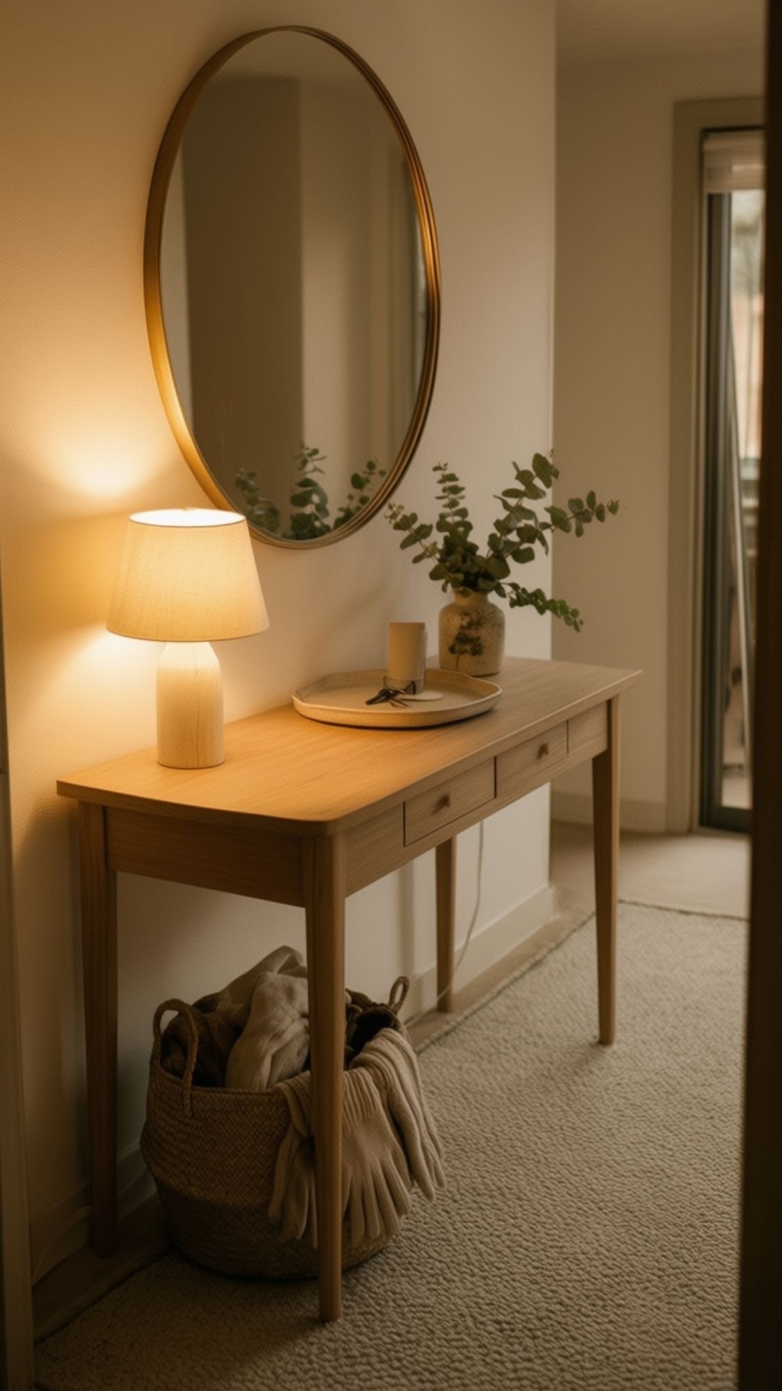 A wooden console table with a round mirror above it, a lit table lamp, a potted plant, and decorative tray sits against a beige wall; soft neutrals and cozy winter home decor are highlighted by the woven basket with a blanket underneath.