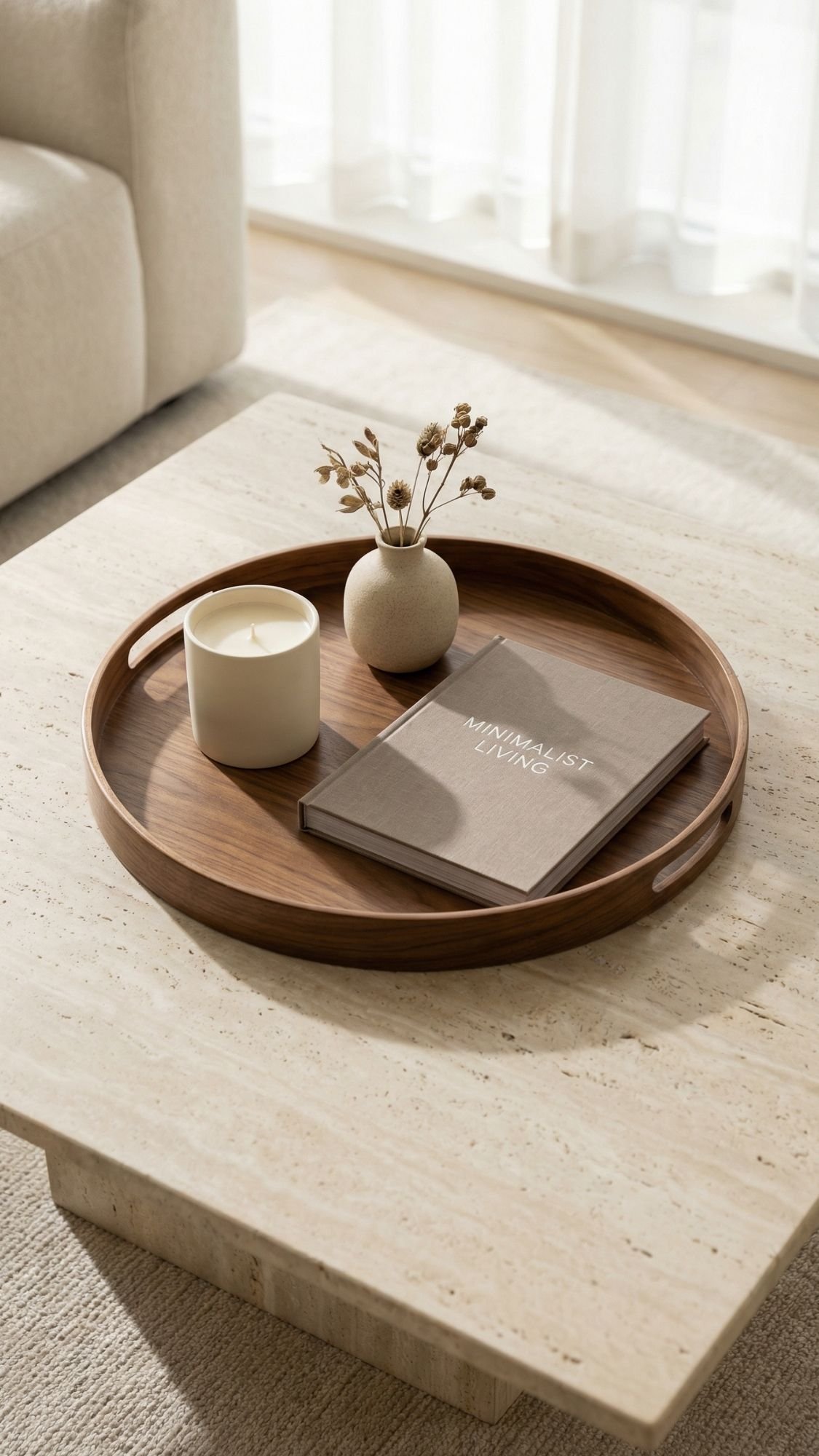 A round wooden tray on a light stone coffee table holds a beige candle, a small vase with dried flowers, and the book Minimalist Living—capturing cozy minimal style perfect for those seeking fresh home decor ideas. Soft natural light filters through sheer curtains.