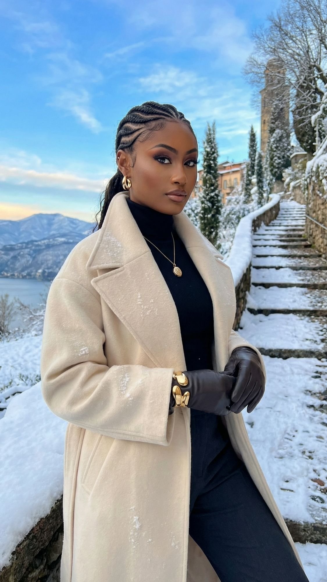 A woman wearing a cream coat, black turtleneck, leather gloves, and gold jewelry stands outdoors on a snowy stone path in Switzerland, with fairytale villages, trees, mountains, and water in the background.