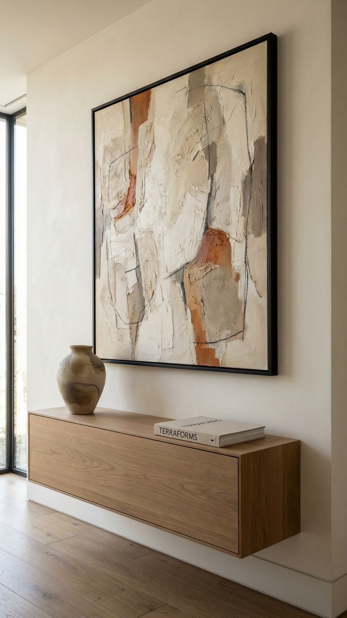 A minimalist interior showcases quiet luxury with a wooden floating shelf, a ceramic vase, and the book TERRAFORMS. Above, an abstract painting in neutral earth tones enhances this refined home decor against a crisp white wall.