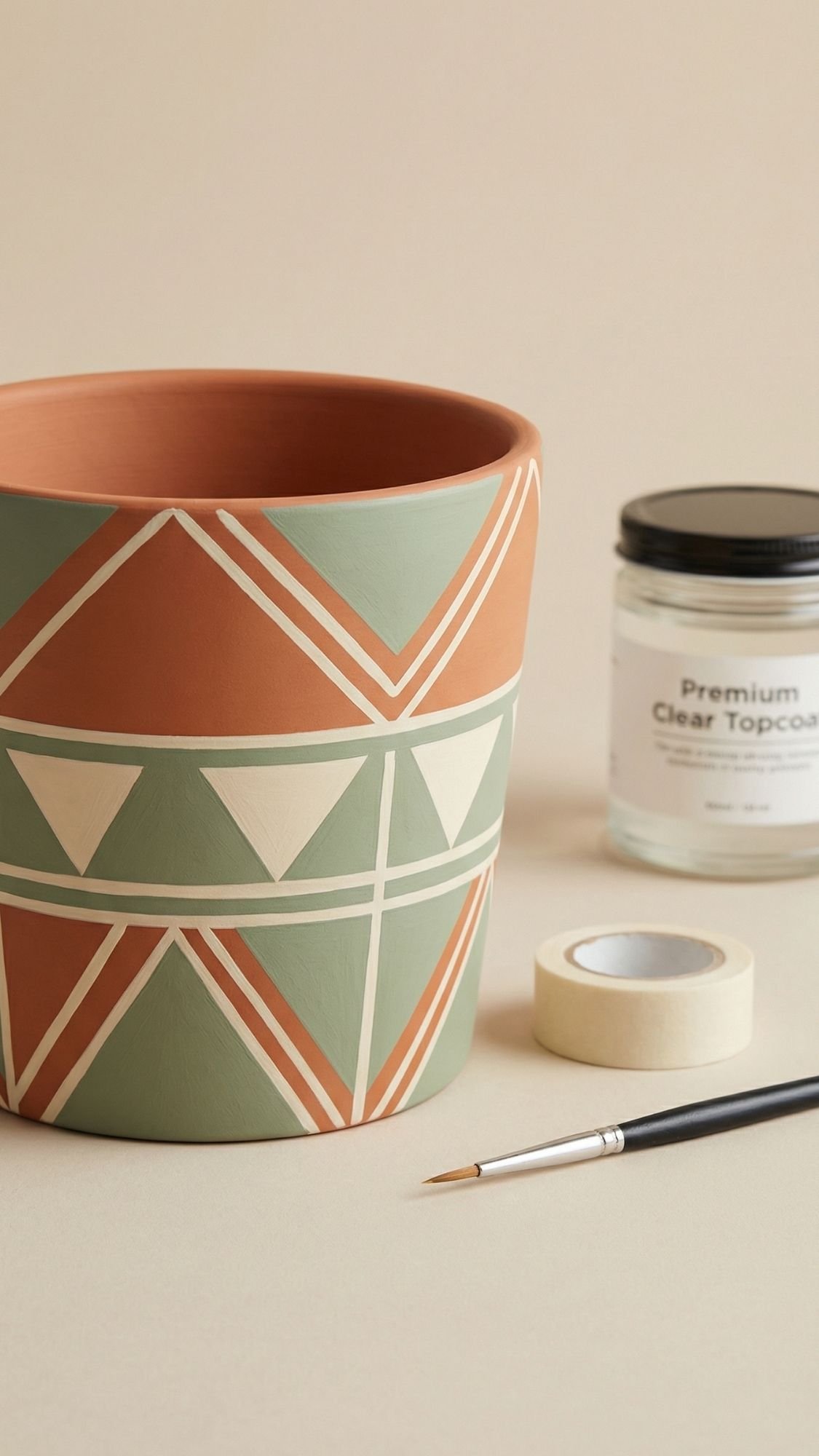 A terracotta pot with geometric patterns in green, white, and orange sits beside a jar of clear topcoat, a roll of masking tape, and a thin paintbrush—perfect DIY presents or gift ideas for creative garden moms.