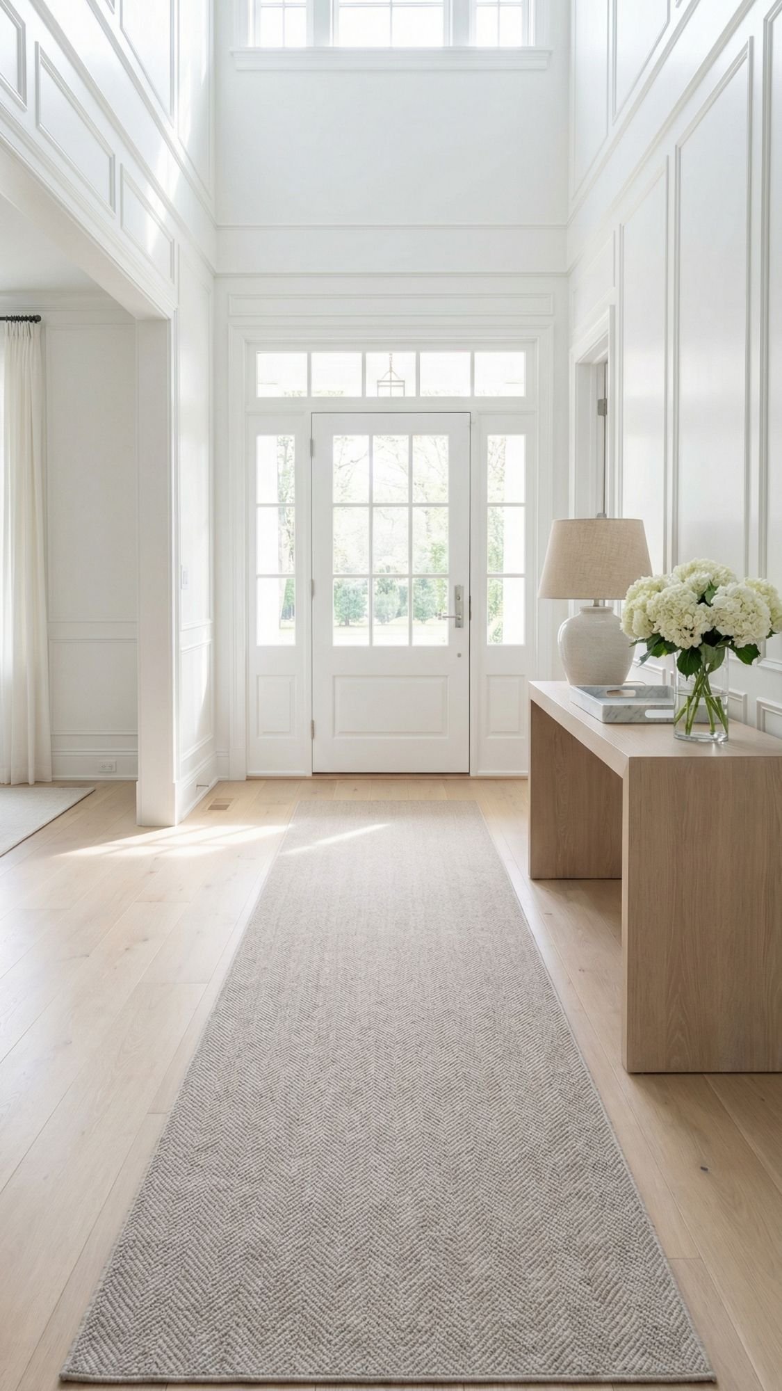 Refresh your space for spring with this bright, airy entryway featuring white walls, light wood floors, and a windowed front door. A beige runner rug leads to a wooden console table topped with fresh home decor ideas.