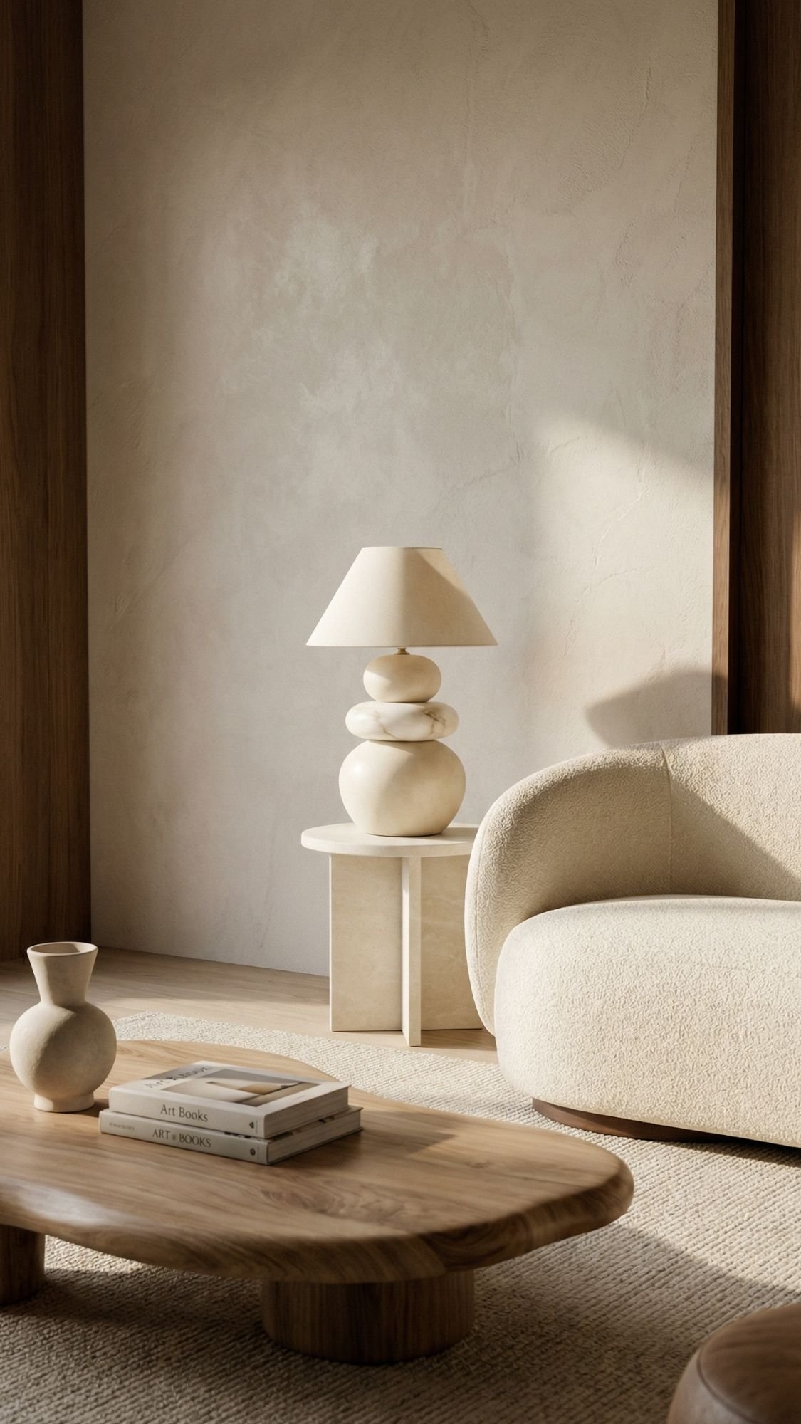 A minimal, modern living room with neutral tones offers easy living, featuring a curved cream sofa, a wooden coffee table with art books and a vase, and a sculptural lamp on a round side table against a textured beige wall.
