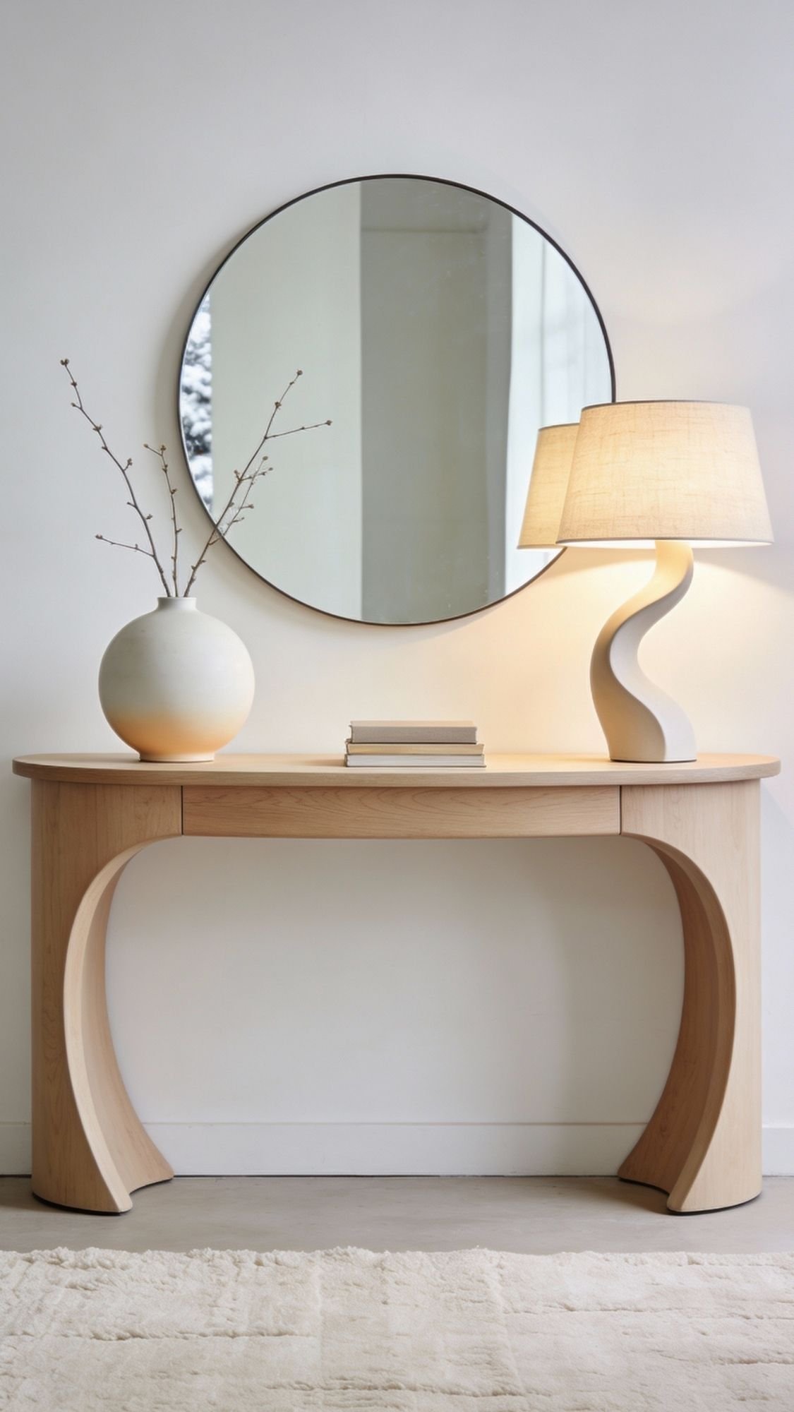 A modern wooden console table with curved legs is topped with a round vase of bare branches, a sculptural lamp with a beige shade, and stacked books—soft neutrals perfect for winter home decor. A large round mirror hangs on the wall above.