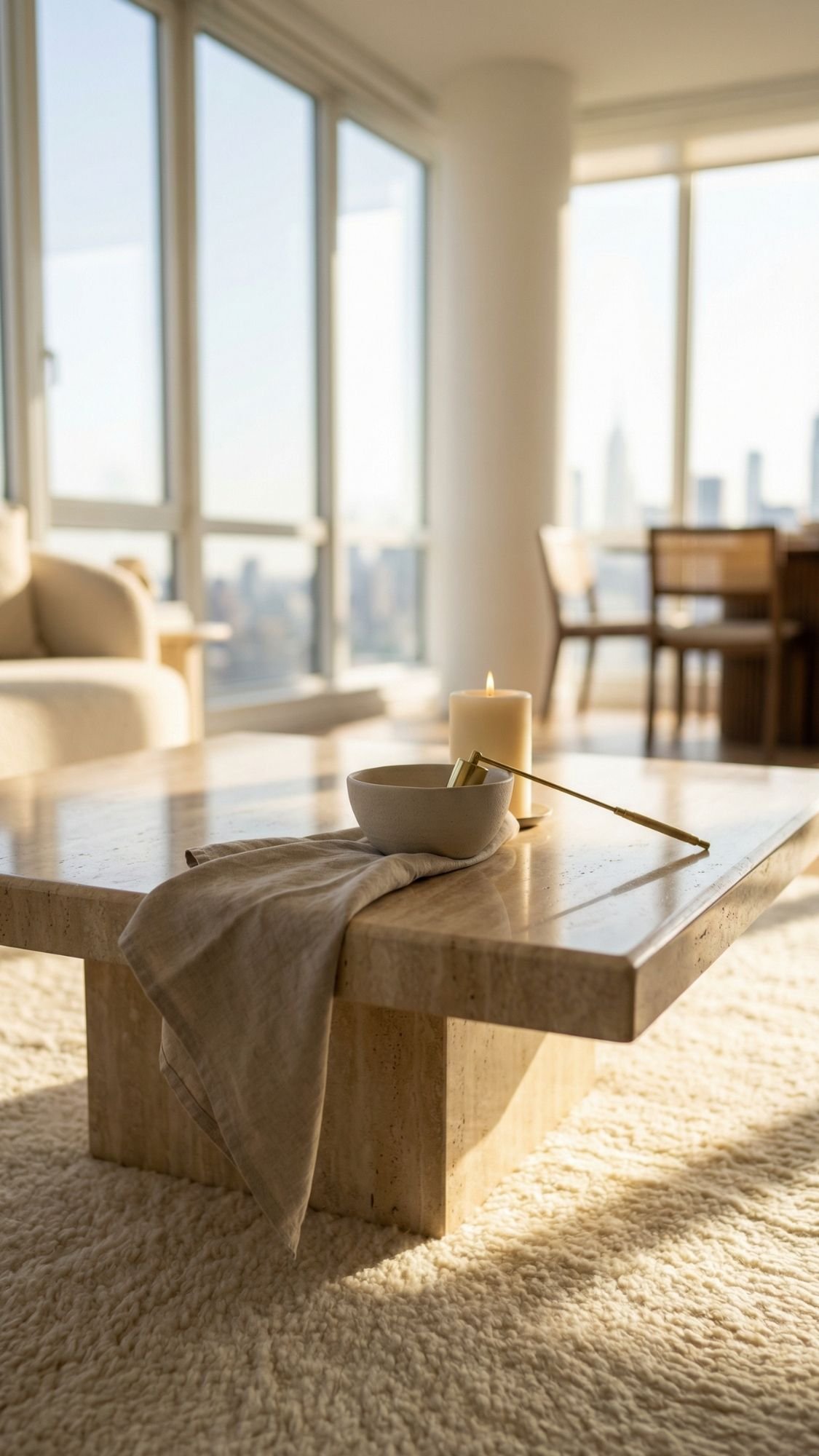 A modern living room features effortless décor with a low marble coffee table stylishly arranged with a beige napkin, white bowl, chopsticks, and a lit candle. Large windows showcase the city skyline bathed in soft, natural light.