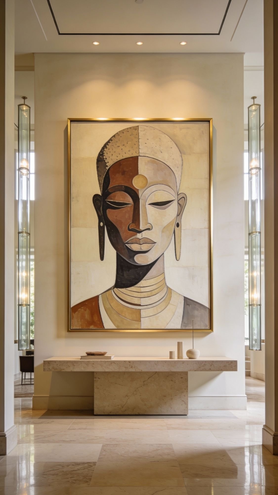 A large, modern painting of an abstract, regal face with geometric features and jewelry welcomes you above a minimalist stone console table in a bright, elegant room with tall glass wall sconces—perfect inspiration for stylish entryways.