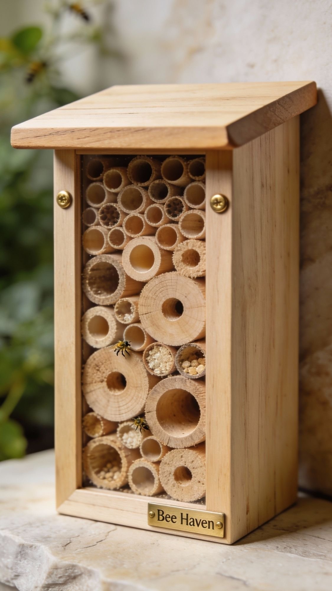 A wooden bee house labeled “Bee Haven,” with a slanted roof and tubes of various sizes, is mounted on stone. A bee hovers near the entrance as green plants blur in the background—perfect for garden moms or thoughtful DIY presents.