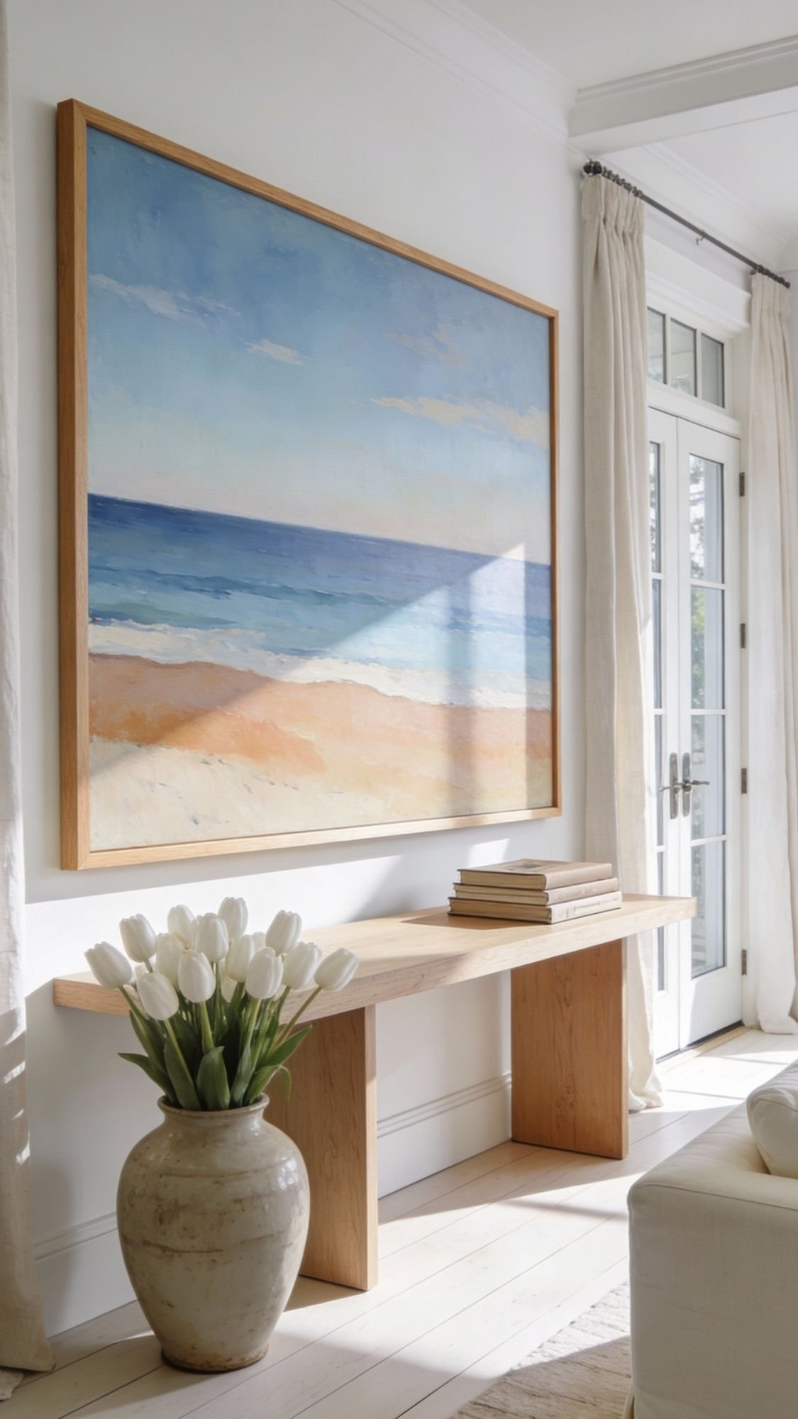 A bright room with a large beach painting, a minimalist wooden console, stacked books, and a vase of white tulips. Sunlight streams in through tall windows—perfect home decor ideas to refresh your space this spring.