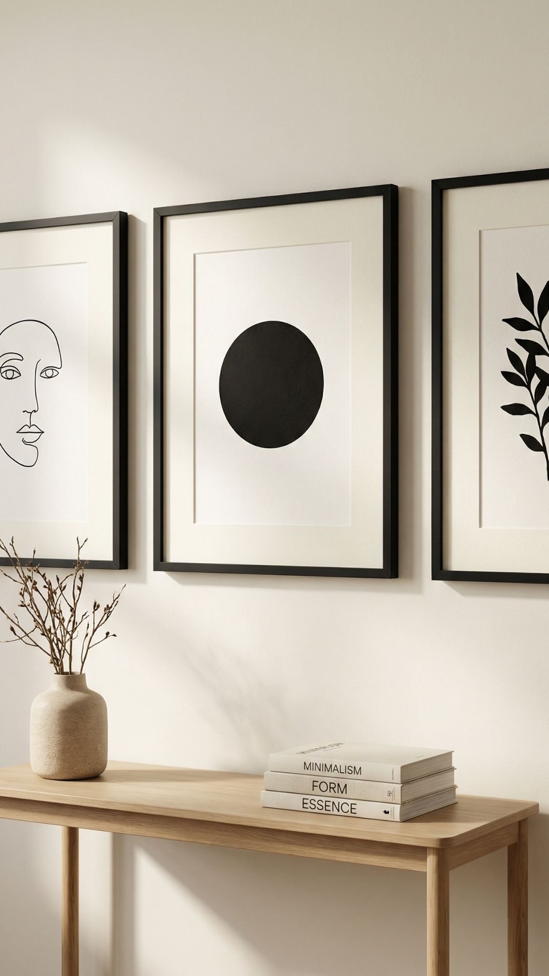 A minimalist interior featuring three framed black-and-white art prints on a light wall above a wooden console table, with a small vase holding twigs and three stacked books titled MINIMALISM, FORM, and ESSENCE—perfect quiet luxury home decor ideas.