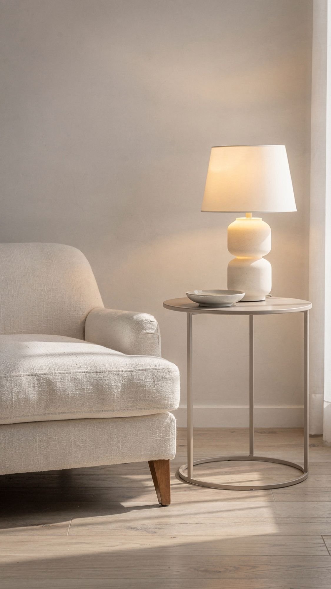 A modern living room corner with a cream-colored sofa, a round wooden side table, and a white ceramic lamp is perfect for easy living. Soft natural light enhances the inviting space—ideal for relaxing summer mornings or finding fresh home decor ideas.