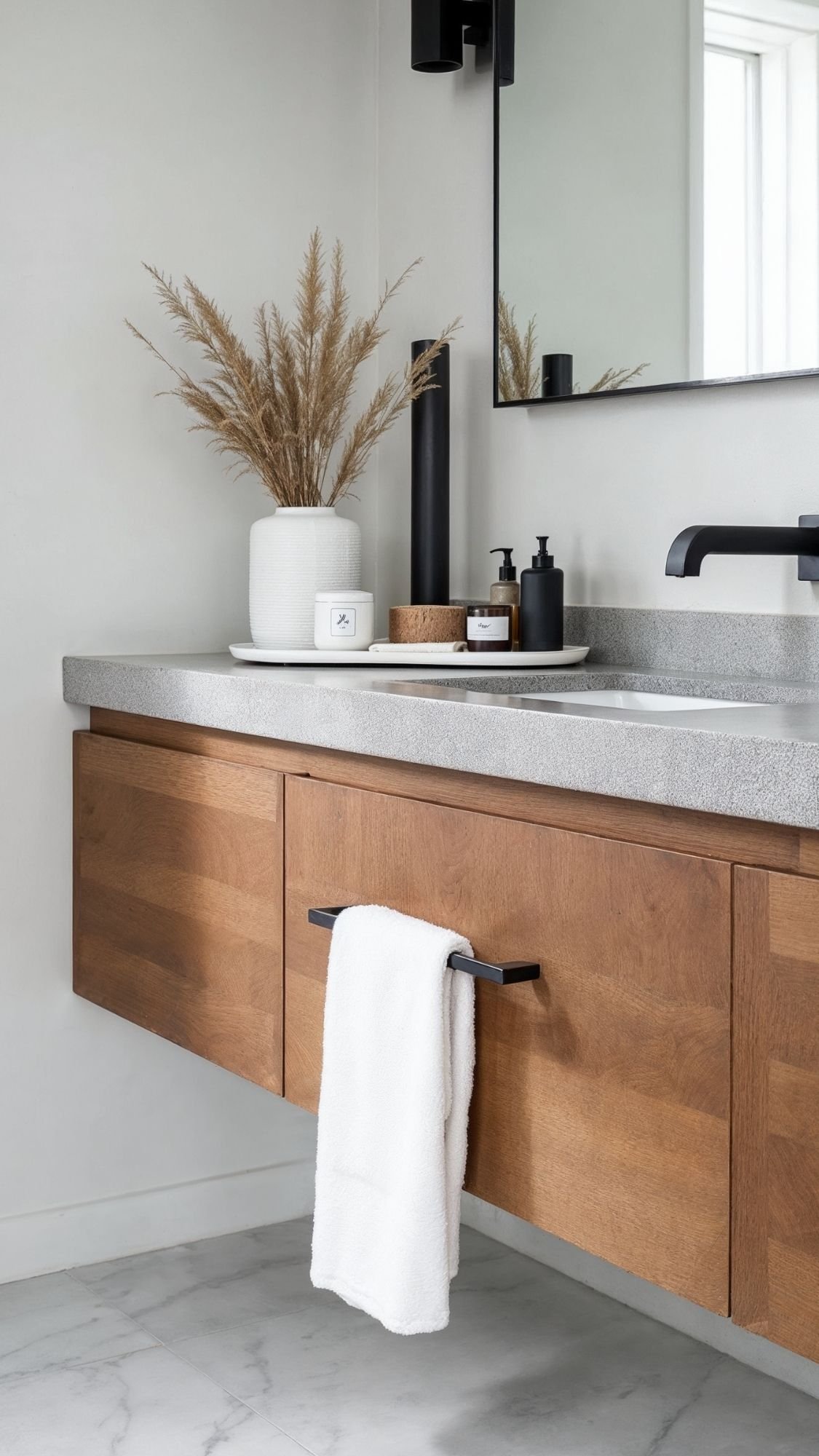 A modern bathroom in minimal style features a floating wooden vanity with a gray concrete countertop, black faucet, white towel on a black bar, and cozy decorative touches like a vase with dried grass and soap dispensers near a large mirror.