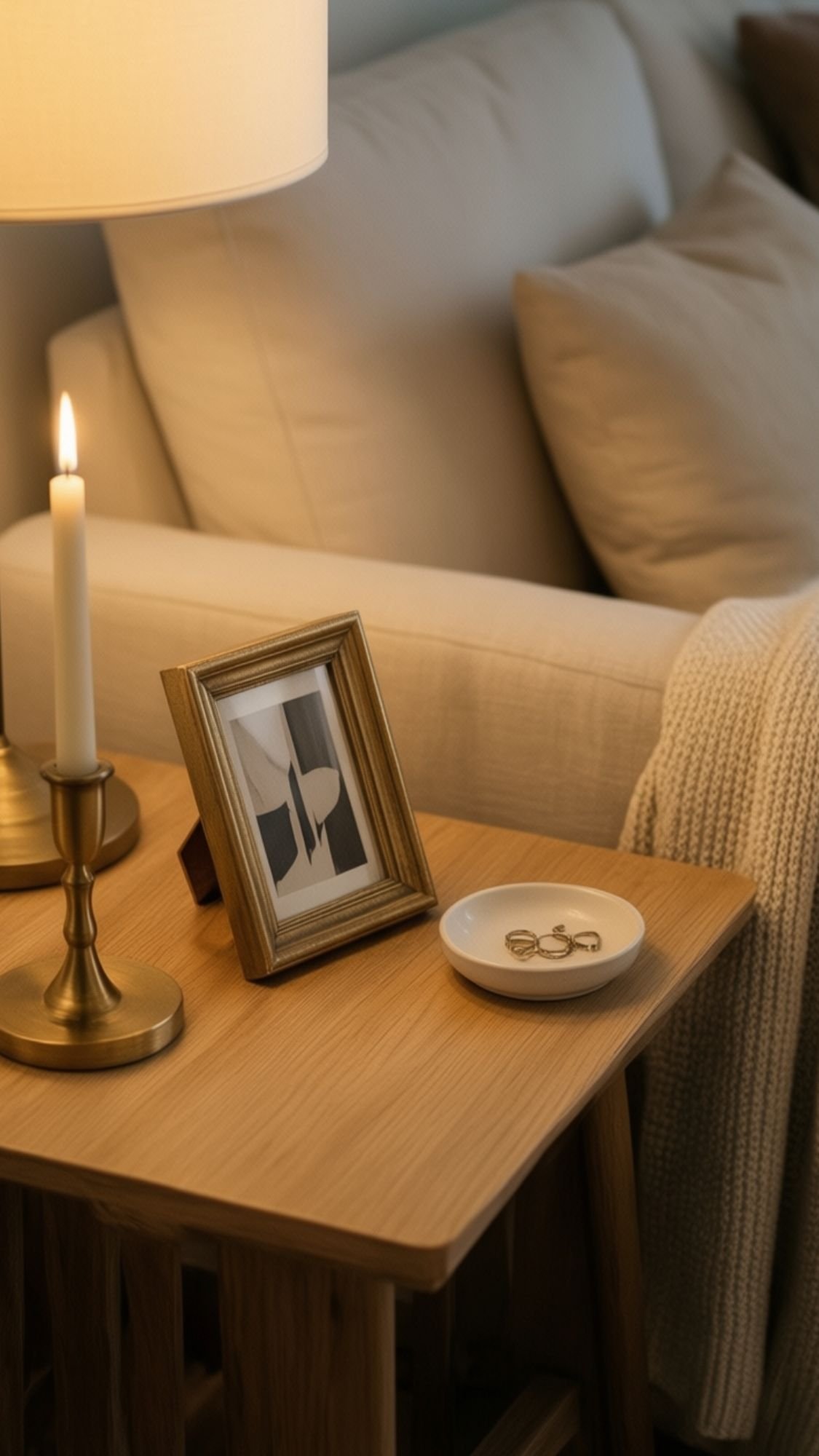 A picture frame and candle on a table bring cozy charm to your winter home, perfect for those seeking simple home decor ideas in soft neutrals.