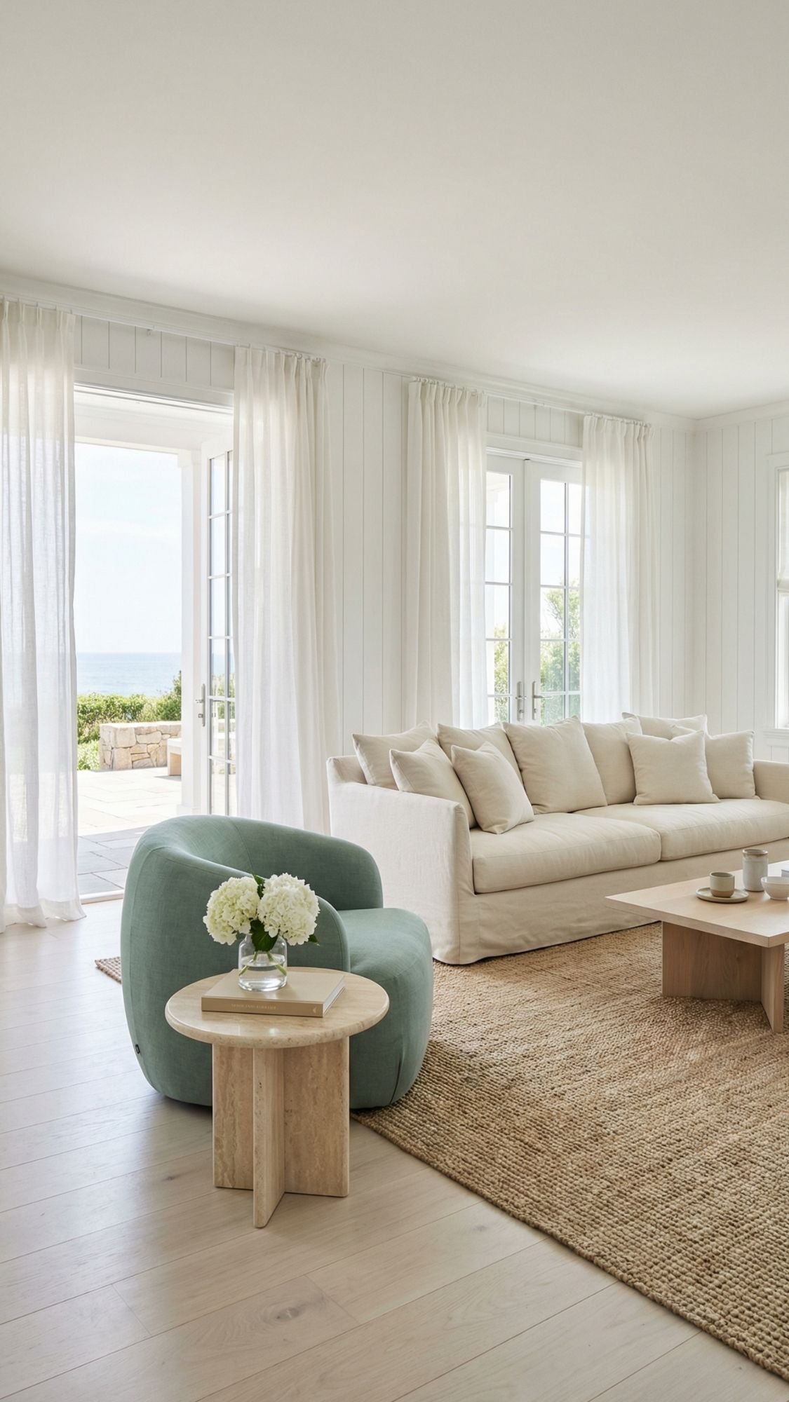 Bright, airy living room with a large white sofa, light green armchair, wooden coffee tables, and a vase of white flowers—perfect spring home decor ideas to refresh your space. Jute rug and sheer curtains frame windows opening to an inviting patio view.