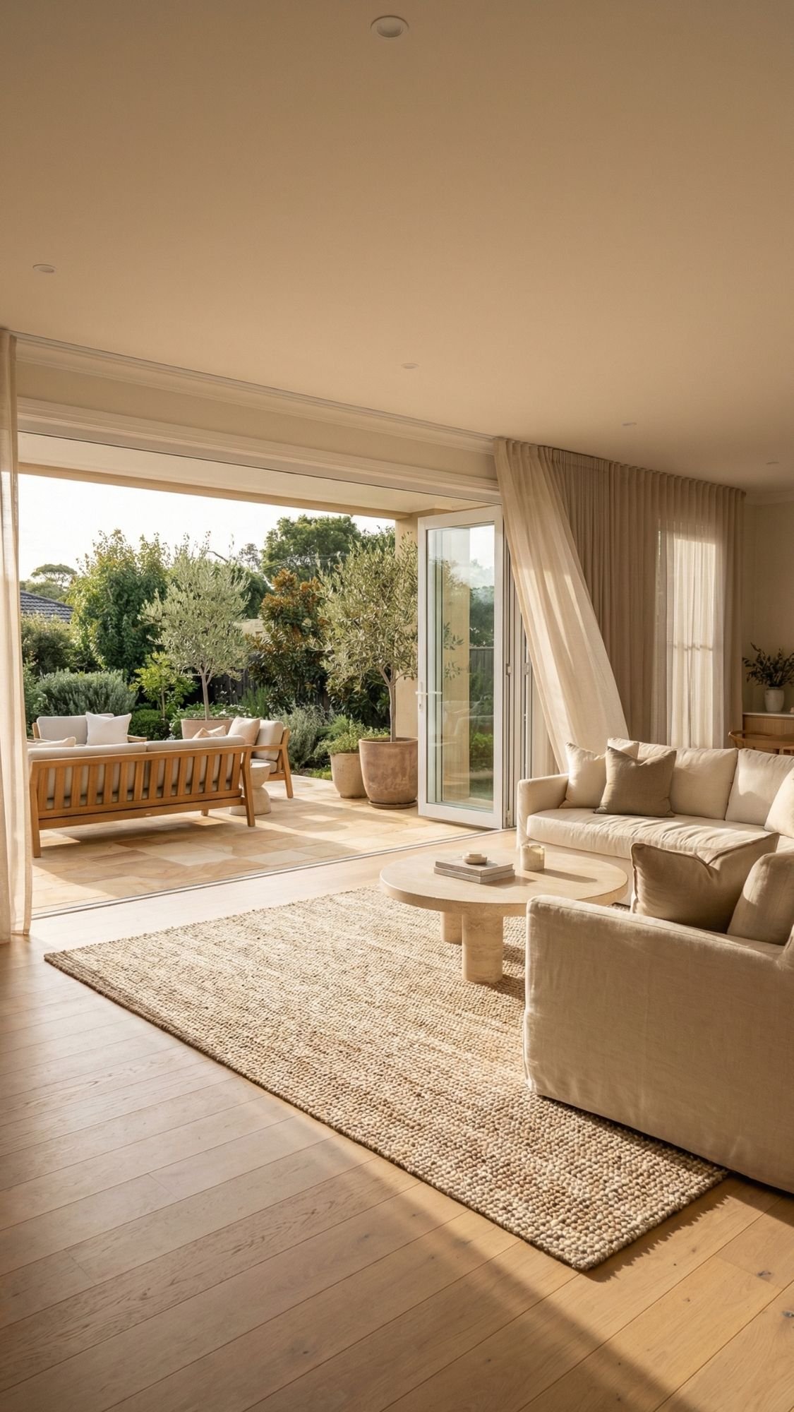 Spacious living room with beige sofas, a textured rug, and wooden table. Large glass doors open to a patio with garden view, perfect for easy living and inspiring home decor ideas bathed in natural light and neutral tones.