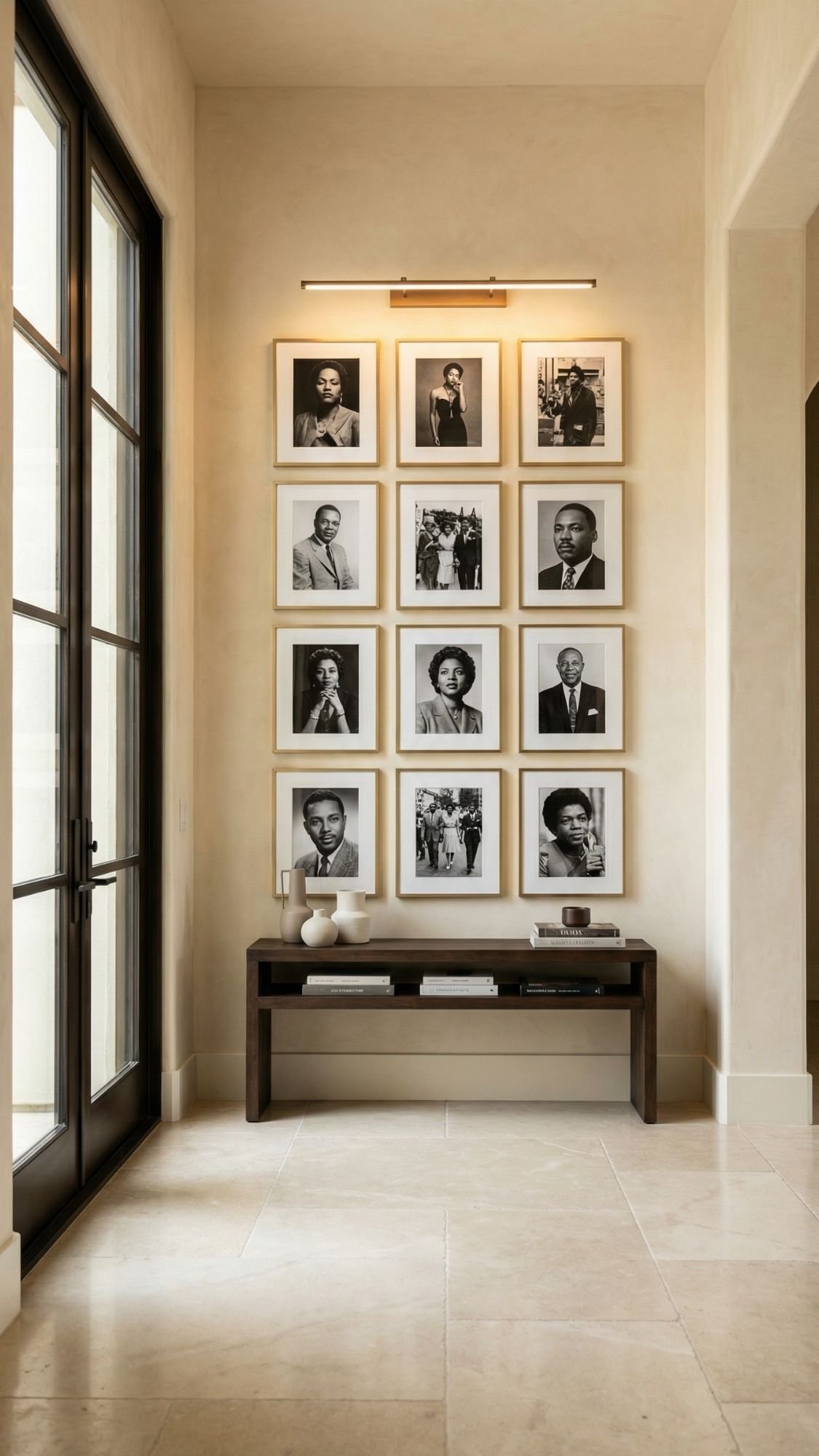 A hallway with framed black-and-white portraits in a 3x4 grid above a dark wooden console table, styled with books and decorative objects. Large windows brighten this neutral-toned space, perfect for inspiring entryway decor.