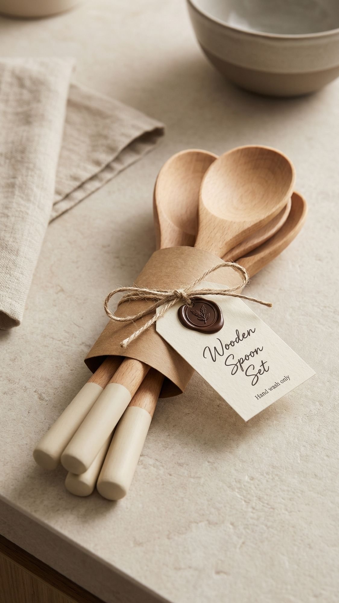 A bundle of three wooden spoons with white handles, tied with twine and a wax seal, labeled Wooden Spoon Set. Perfect for DIY presents or gifts for mom, the set rests on a beige countertop near a cloth napkin and ceramic bowls.