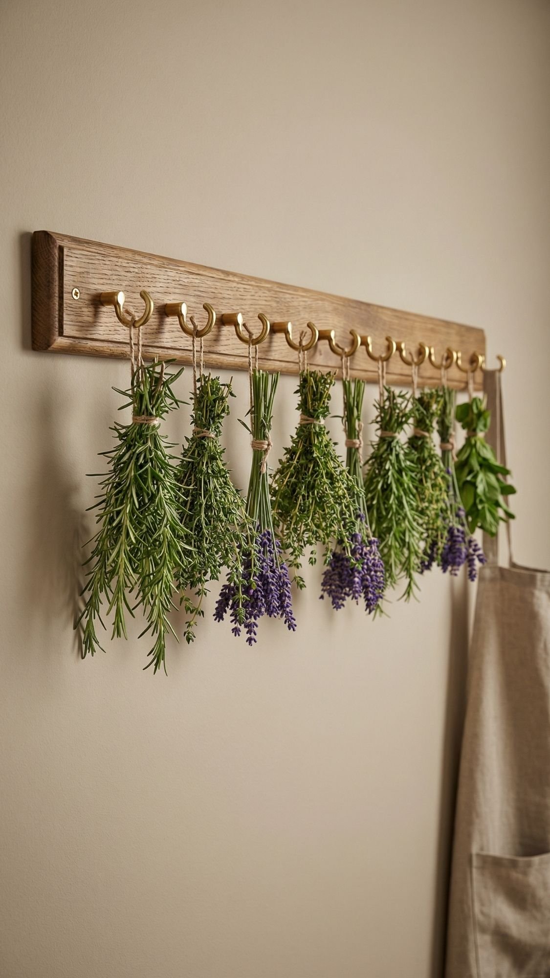 A wooden rack with brass hooks holds bunches of fresh herbs, making it a charming idea for garden gifts. Rosemary, lavender, and thyme hang upside down to dry against a beige wall, with an apron at the edge of the frame.