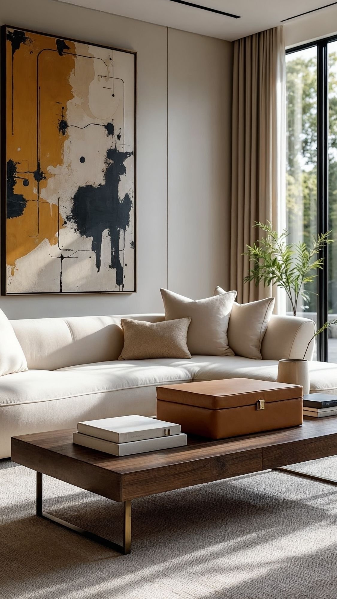 A modern living room with a cream sofa, beige and tan cushions, a wooden coffee table showcasing effortless styling with books and a tan box, a large abstract painting, floor-to-ceiling curtains, and a potted plant by tall windows.