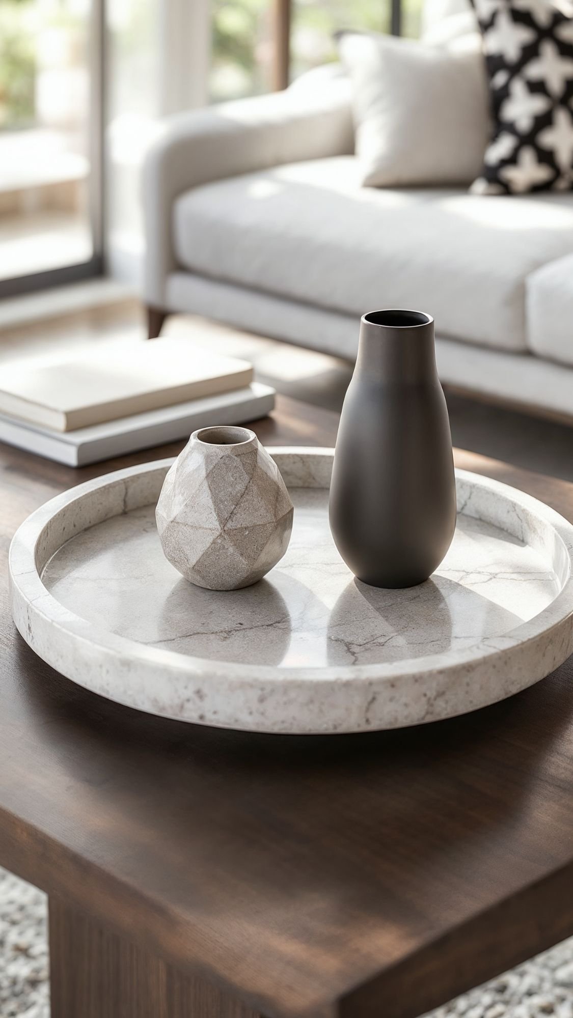 A round marble tray on a wooden coffee table holds a geometric stone vase and a tall matte black vase—perfect for home decor ideas that evoke quiet luxury. In the background, a light sofa with a patterned pillow and books sits bathed in sunlight.