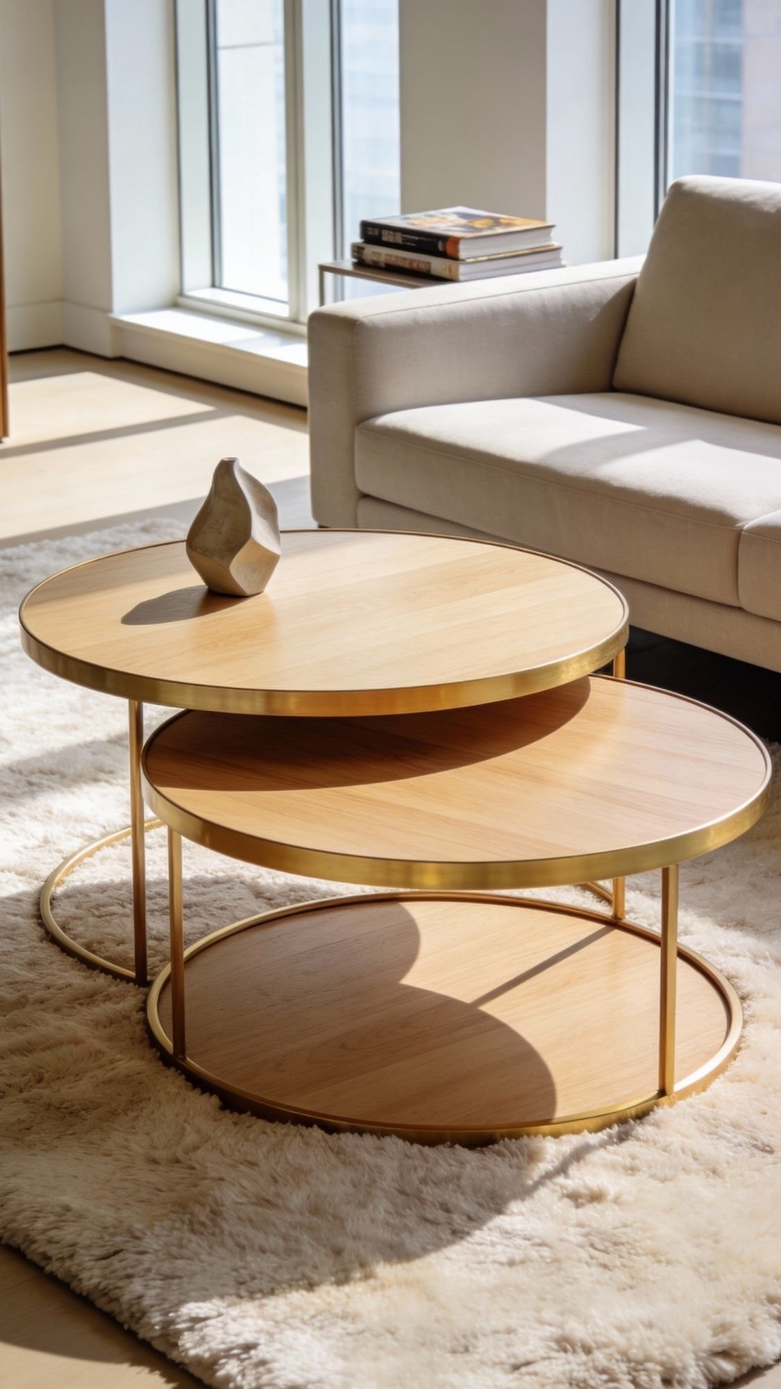 A modern living room with nesting round wooden coffee tables with gold frames on a cream rug, a beige sofa, stacked books, a small abstract vase, and large windows letting in sunlight—perfect for spacious or small apartments seeking stylish home decor ideas.