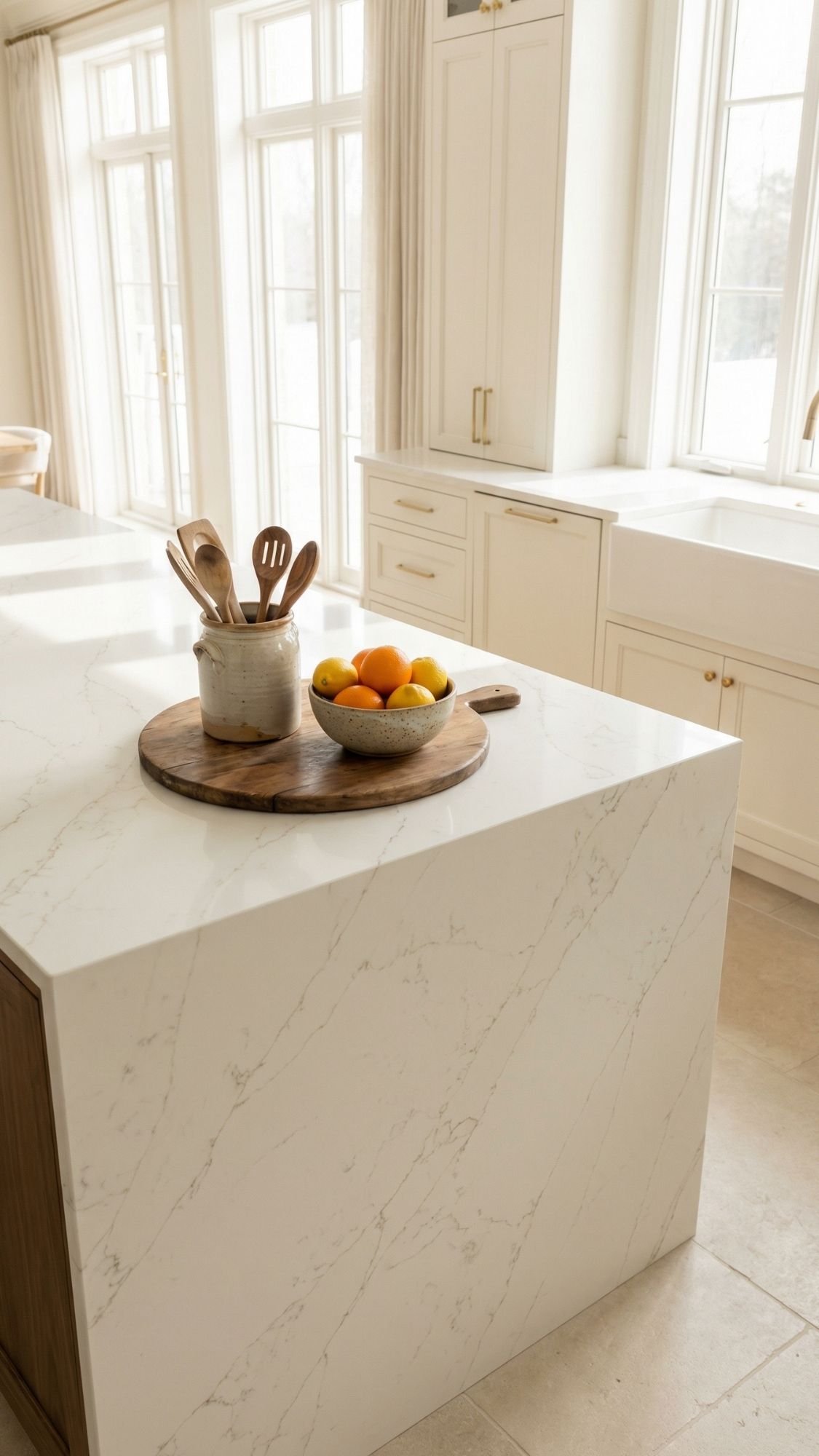 A bright, modern kitchen with a white marble island showcases cozy minimal style, featuring a wooden tray with a ceramic utensil holder and citrus fruits; sunlight streams through large windows in the background.