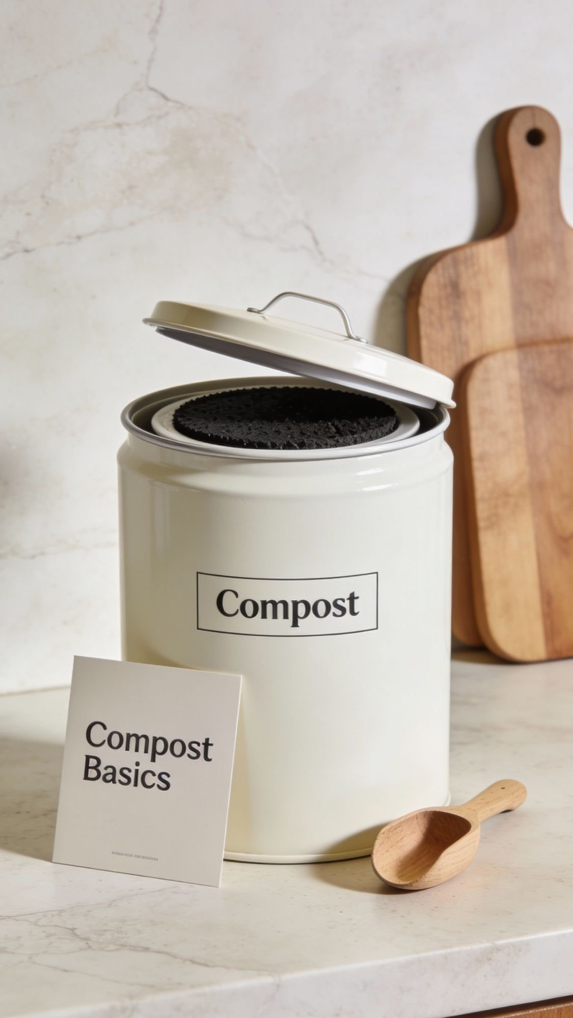 A fresh and lovely white compost bin with a slightly open lid sits on a kitchen counter next to a wooden spoon, a “Compost Basics” booklet, and two wooden cutting boards—perfect for garden loving moms or thoughtful DIY presents.