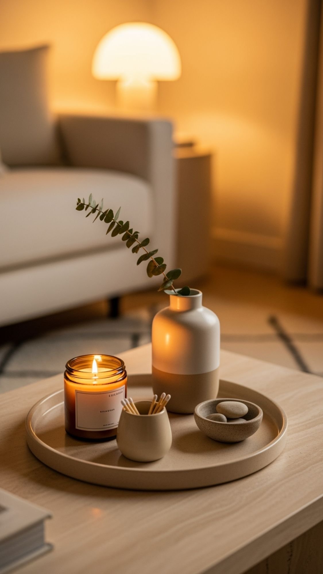 A lit candle, vase with greenery, small bowl, and jar of matches rest on a beige tray atop a wooden table in a softly lit, cozy living room—perfect inspiration for soft neutrals and calm winter home decor ideas. A glowing lamp and sofa blur in the background.