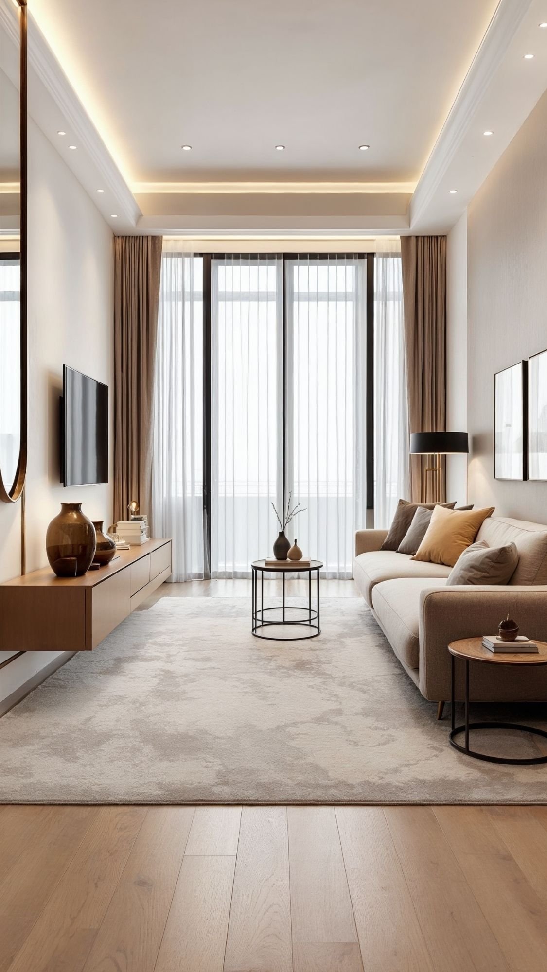 A modern living room with a beige sofa, round coffee table, TV on a floating cabinet, and large windows with sheer curtains—spacious and minimalistic, perfect for small apartments seeking fresh home decor ideas.