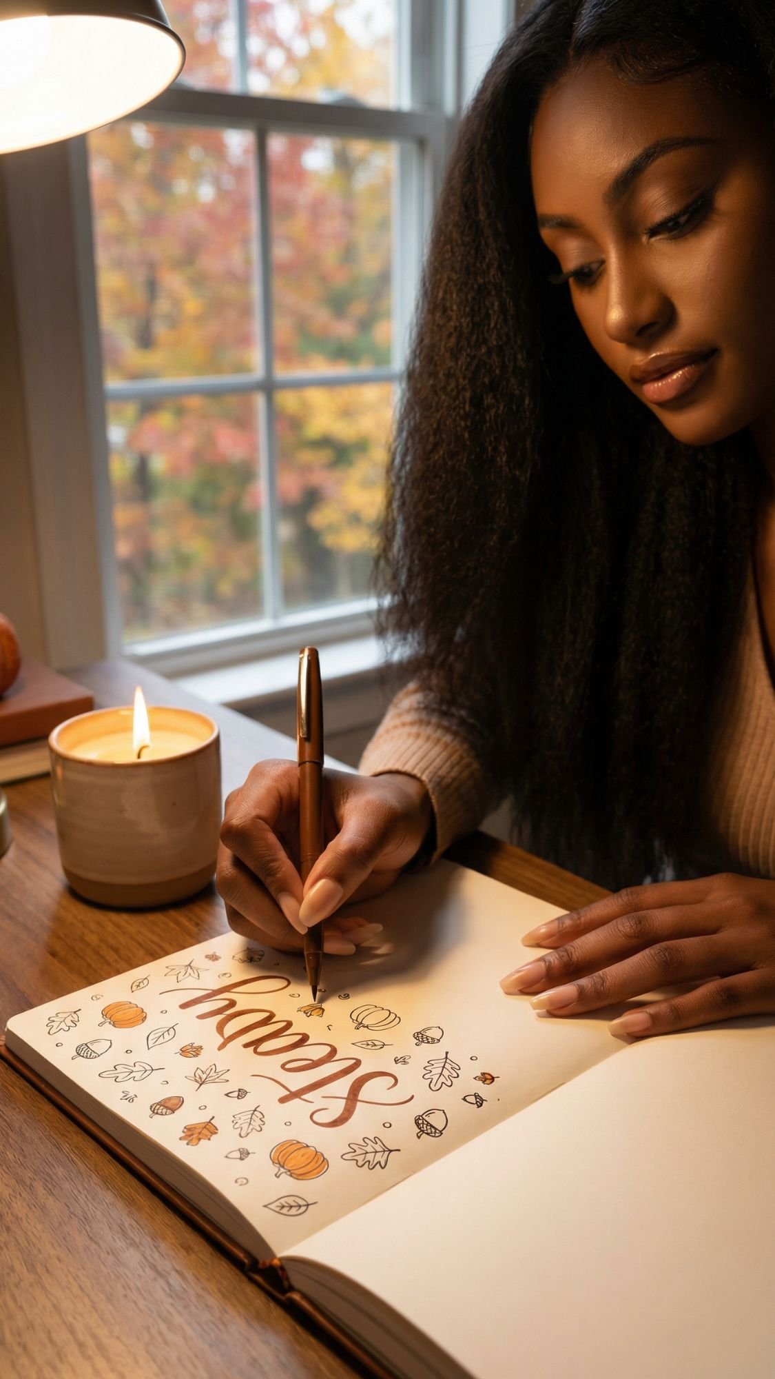 A woman with long dark hair sits at a wooden desk by a window, enjoying a Fall Reset as she writes September in her journal decorated with autumn-themed doodles. A lit candle and autumn foliage outside create a cozy atmosphere perfect for any introvert to recharge.