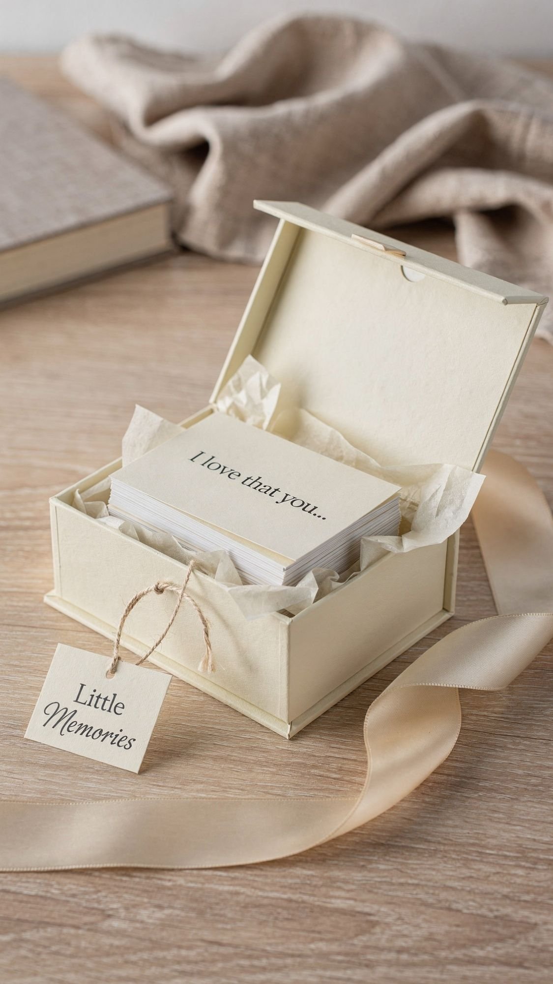 A cream-colored box labeled Little Memories sits open on a wooden surface, revealing note cards inside. The top card reads, I love that you.... A beige ribbon lies beside the box, making it a perfect DIY present with neutral aesthetic packaging.