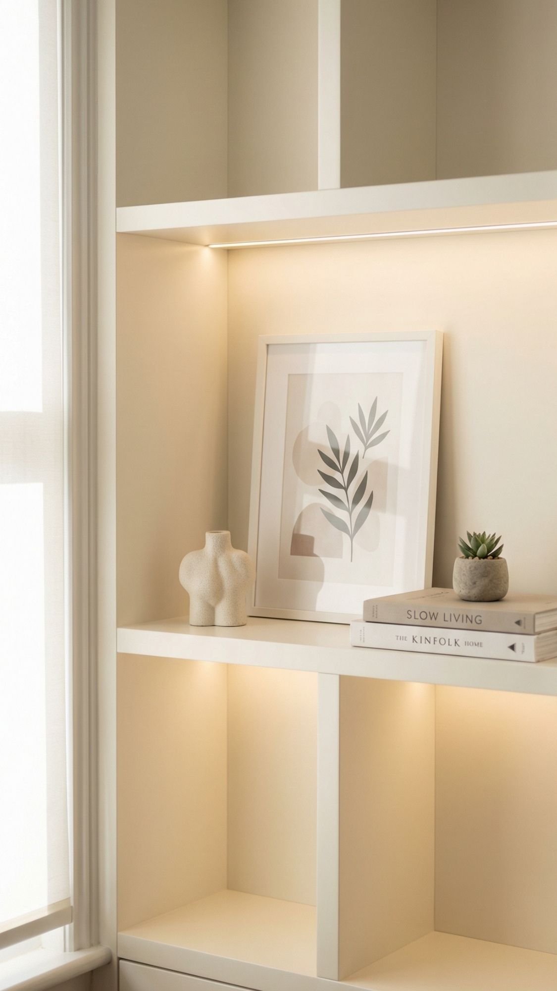 Minimalist shelf with soft lighting, featuring a framed abstract leaf print, a sculptural vase, two stacked books (“Slow Living” and “The Kinfolk Home”), and a potted succulent—perfect for easy living and fresh home decor ideas.