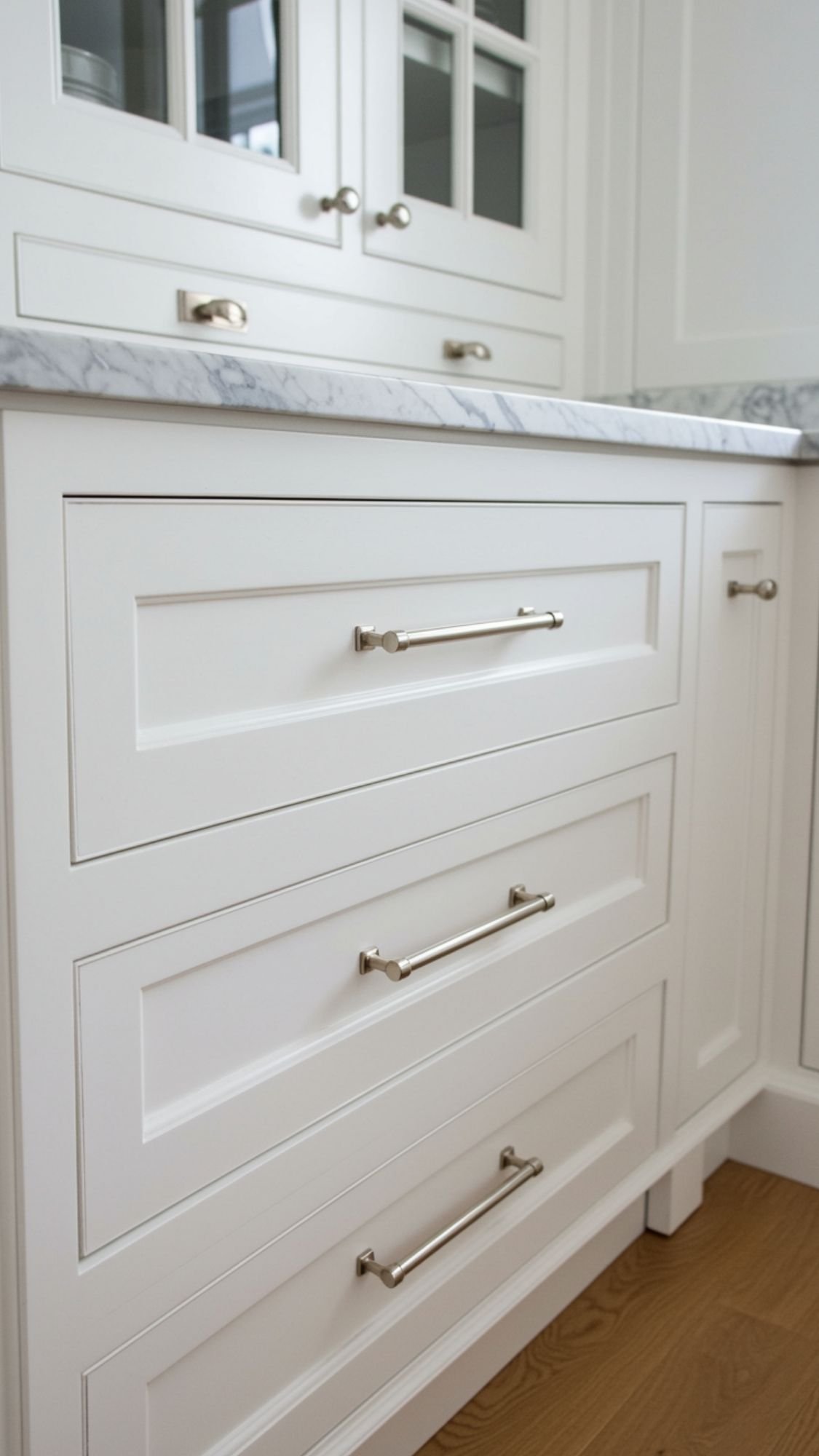 Close-up of white kitchen cabinets with silver handles and a marble countertop. The paneled design and wooden floor create a modern, clean look—perfect home decor ideas to refresh your space this spring.
