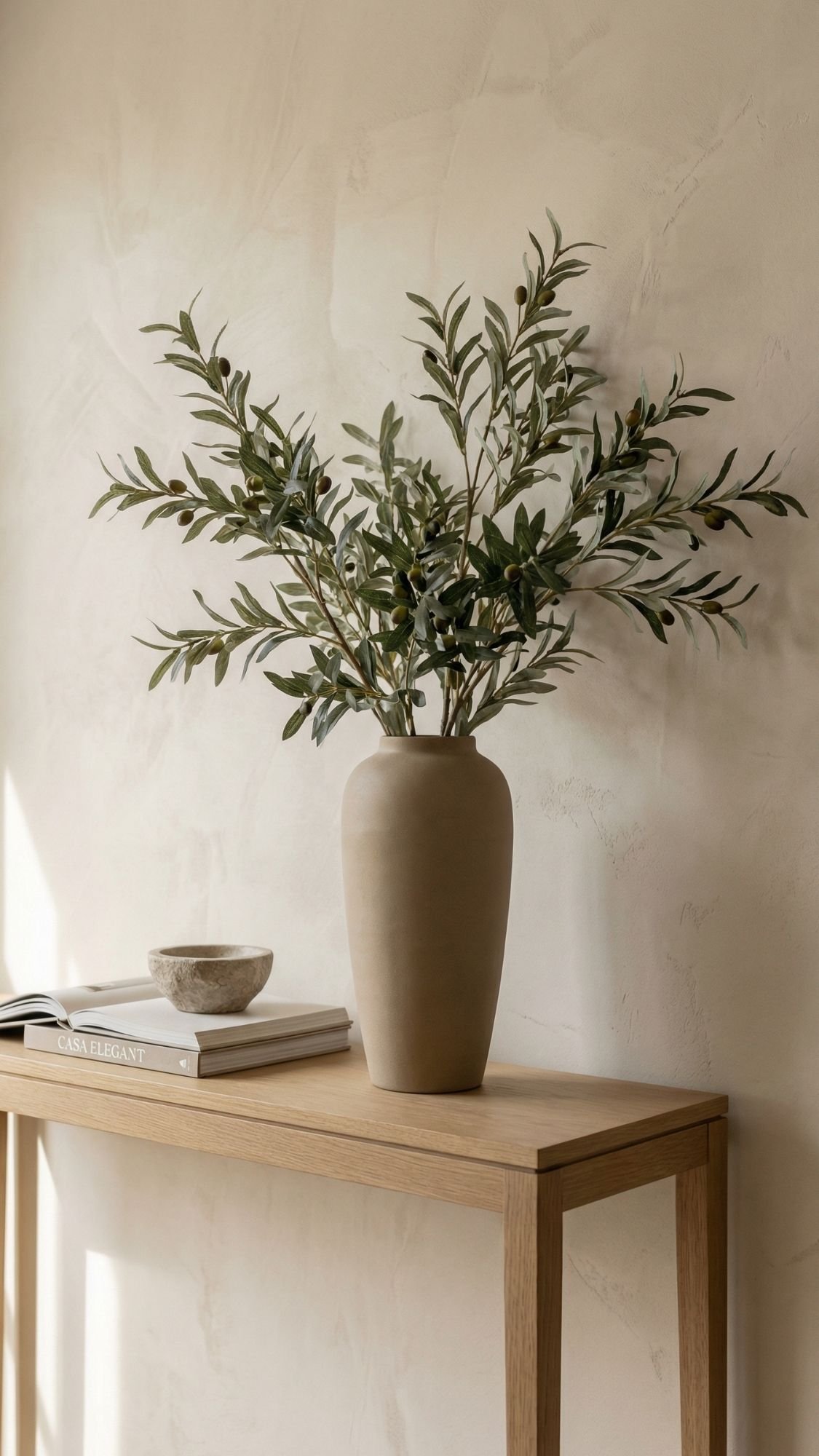 A tall beige vase with green leafy branches sits on a light wooden table, offering quiet luxury. Next to it are two stacked books and a small stone bowl, all against a neutral textured wall—perfect for elegant home decor ideas.