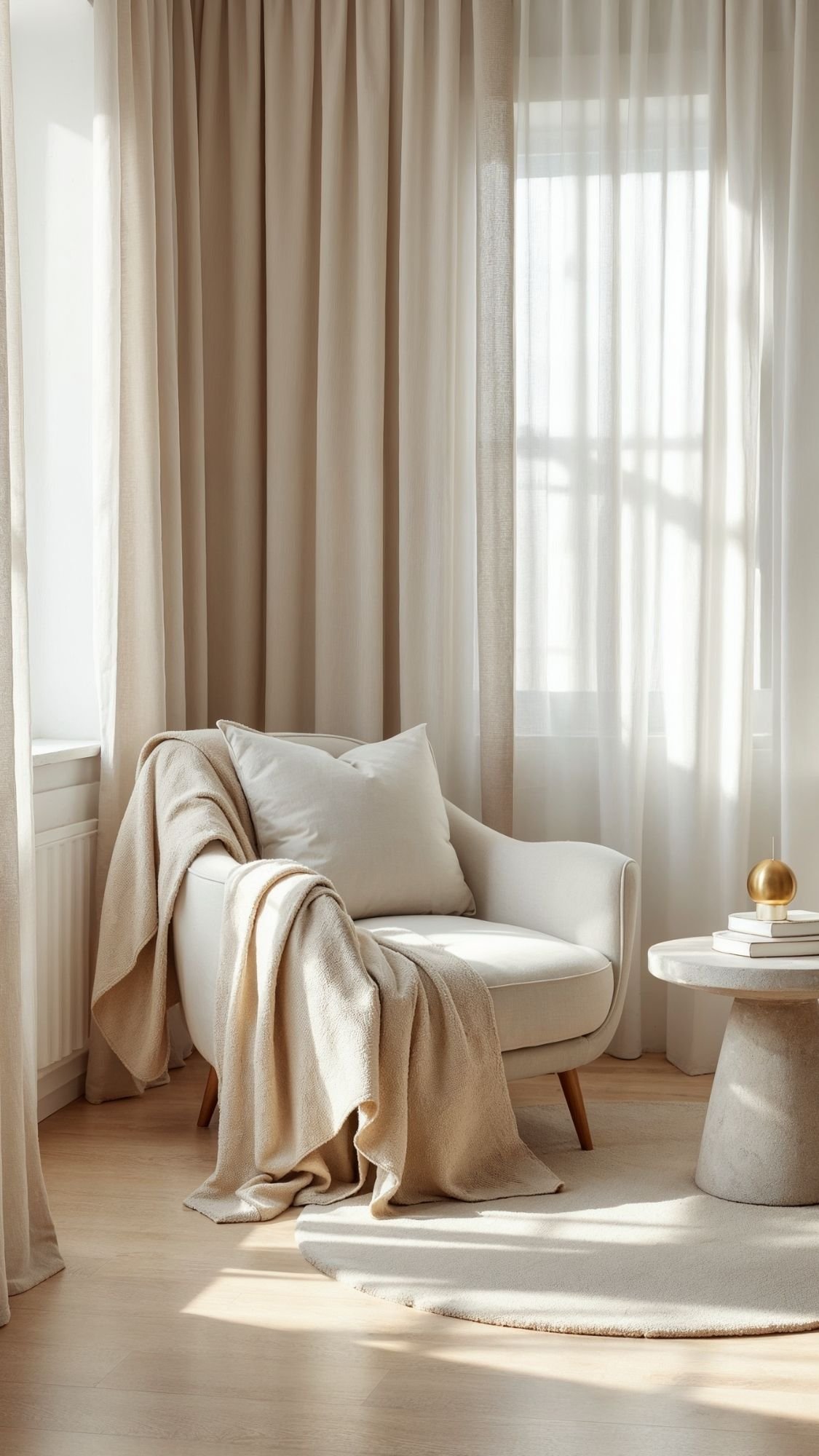 A cozy, modern living space perfect for easy living, featuring a cushioned armchair with a beige throw blanket, light wood flooring, and sheer beige curtains. Sunlight streams through the window, inspiring new home decor ideas.